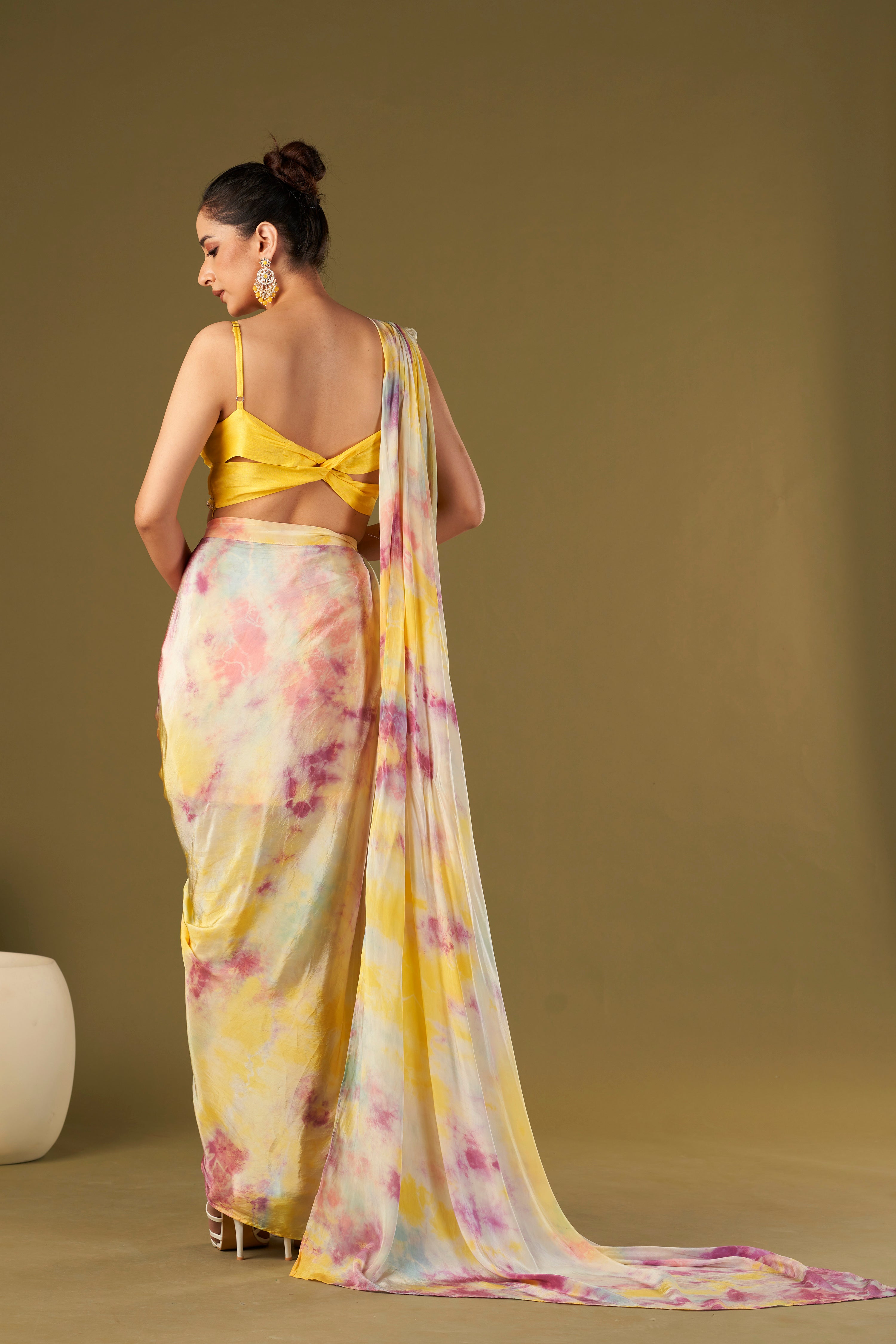 Tisya Multicolored Tie & Dyed Drape Saree With Bustier
