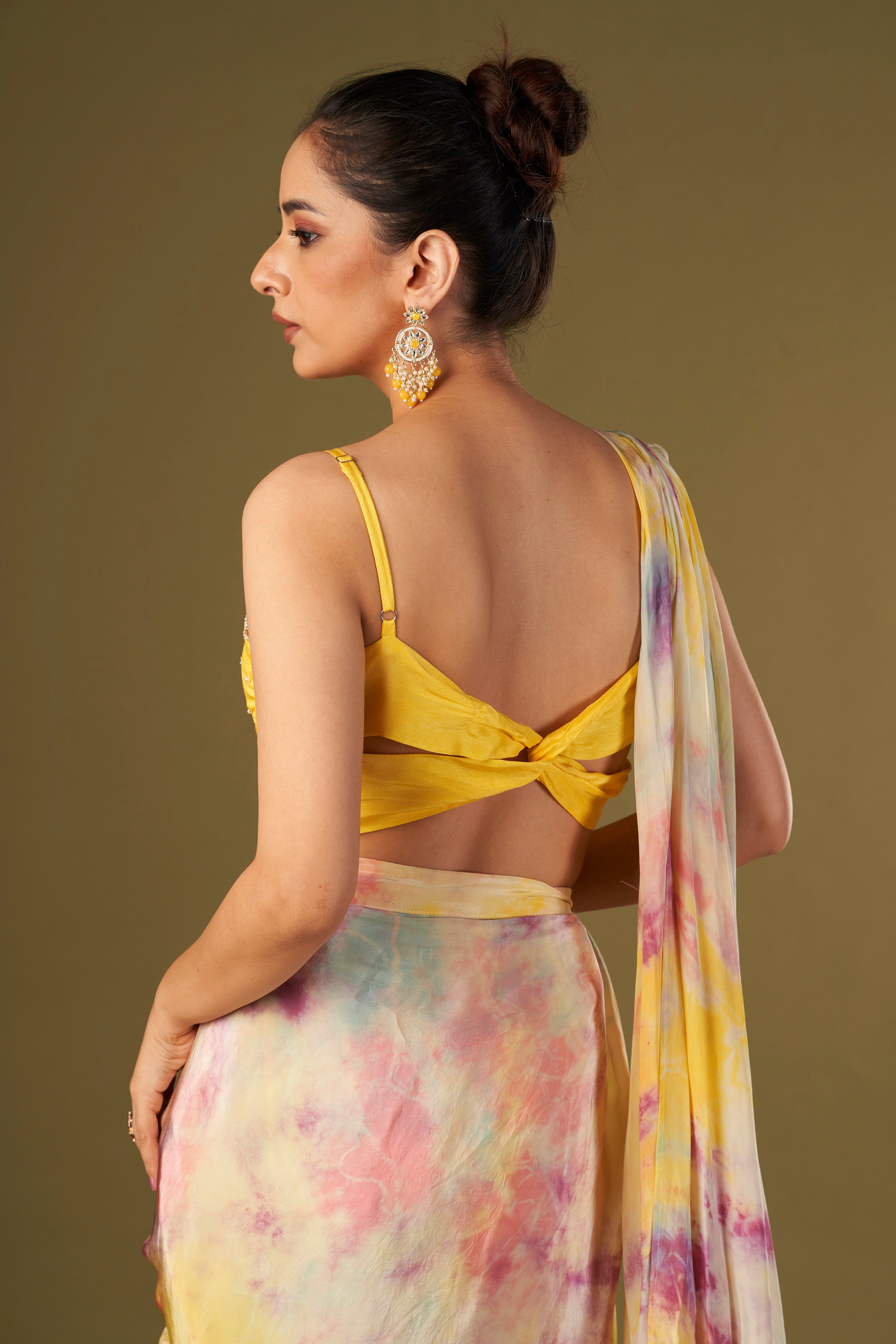 Tisya Multicolored Tie & Dyed Drape Saree With Bustier