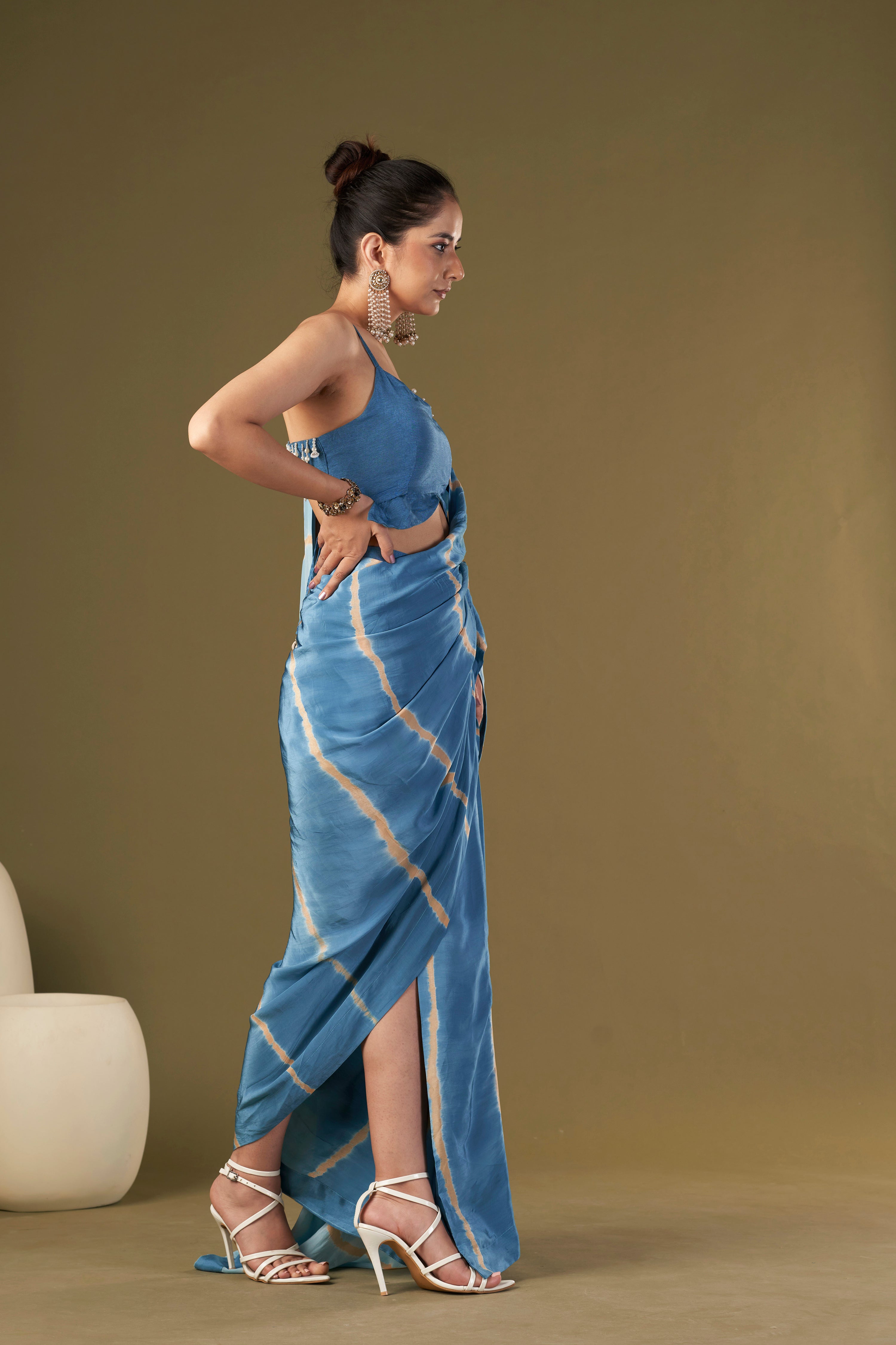 Tisya Ocean Blue Tie & Dye Pre Drape Saree aired With Butterfly Blouse