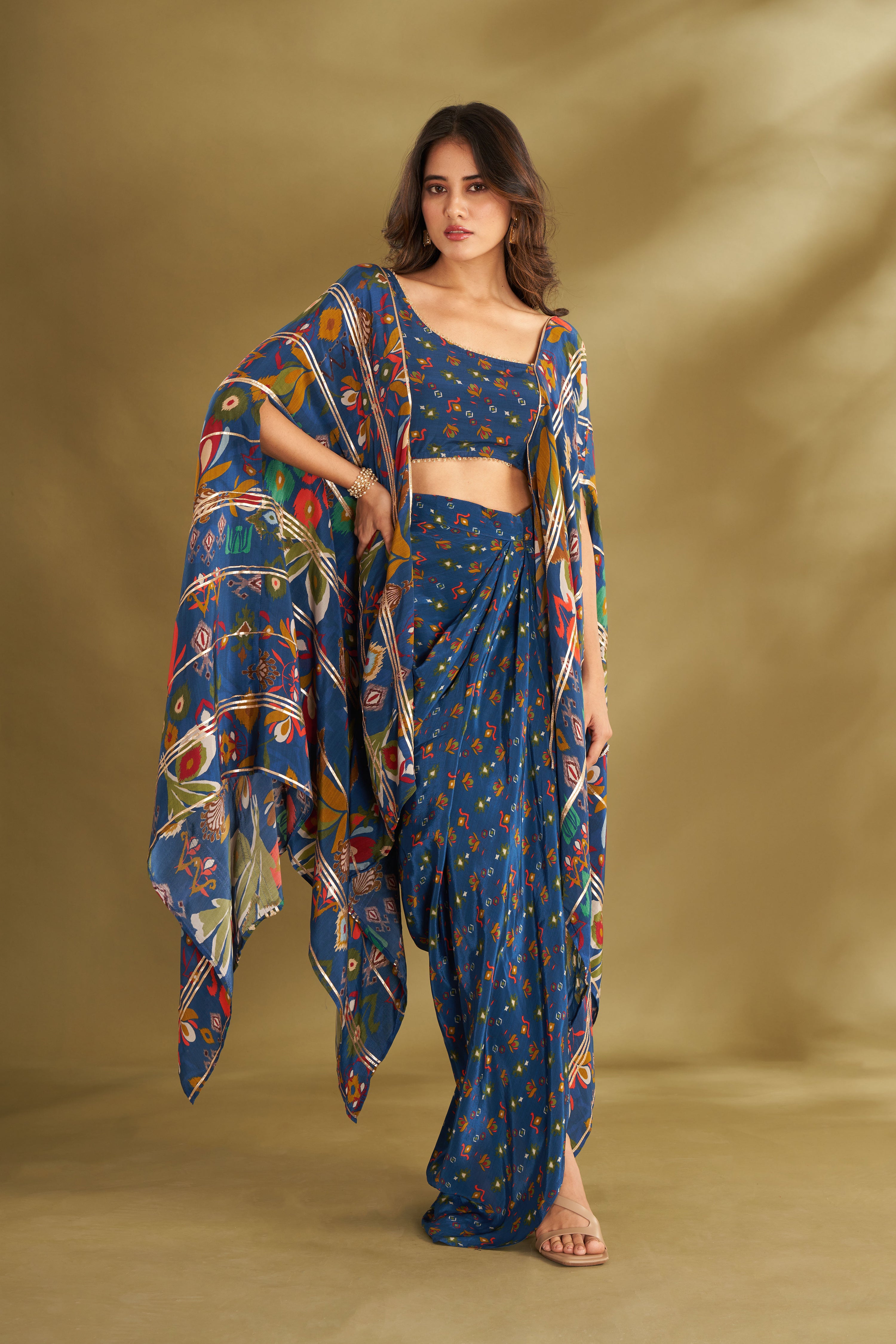 Blue Printed Drape Skirt With Cape Blouse
