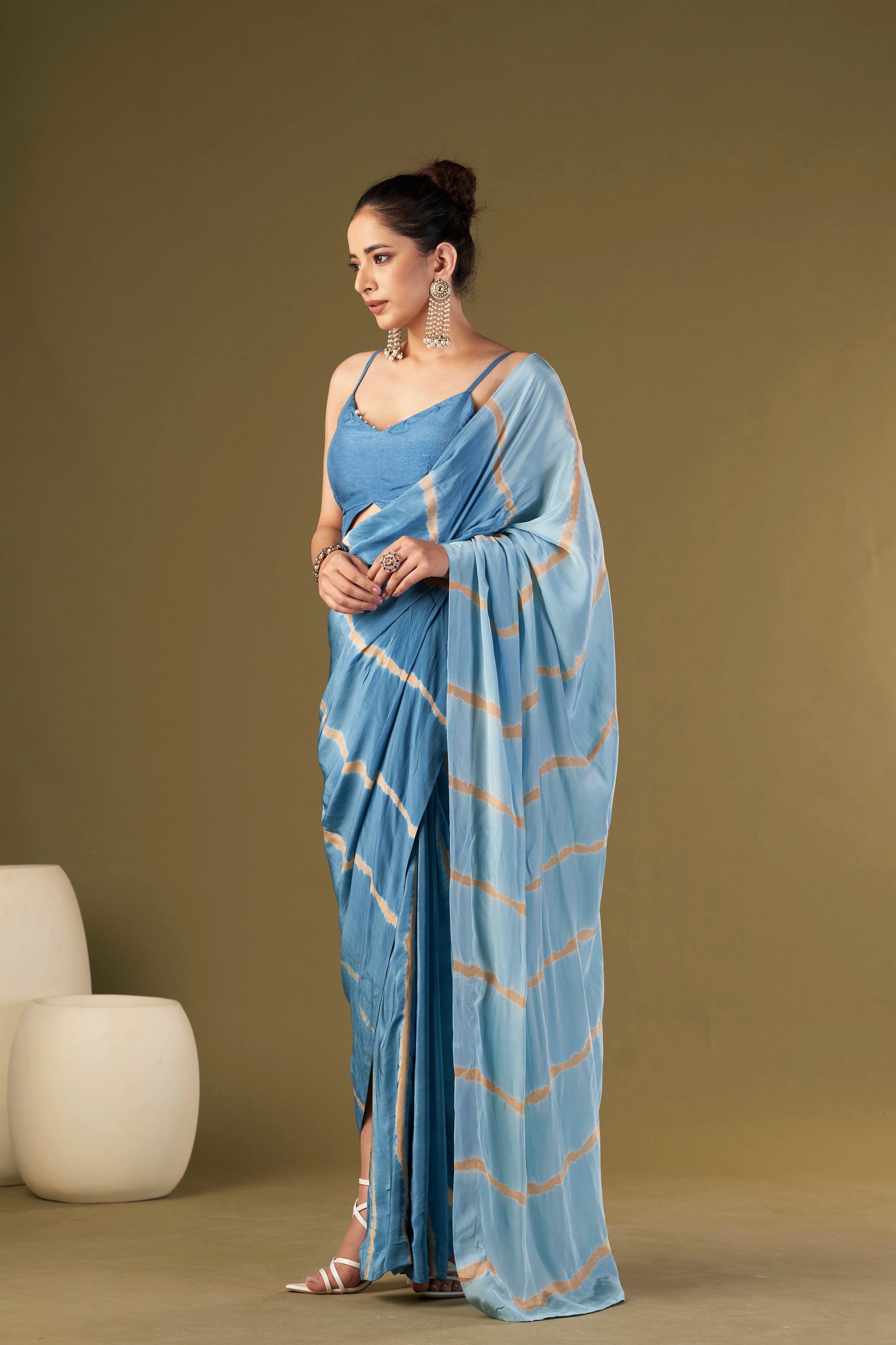 Tisya Ocean Blue Tie & Dye Pre Drape Saree aired With Butterfly Blouse