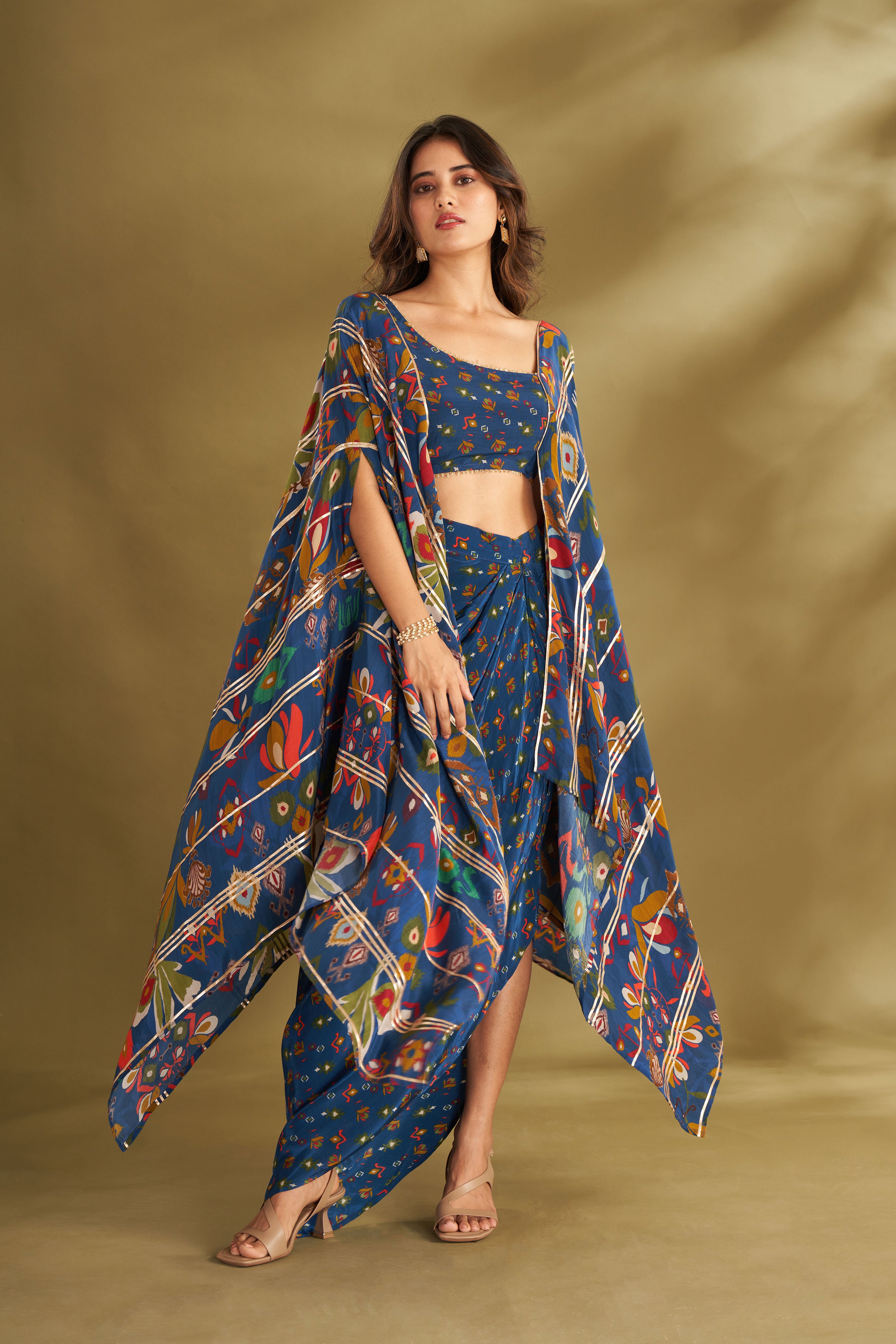 Blue Printed Drape Skirt With Cape Blouse