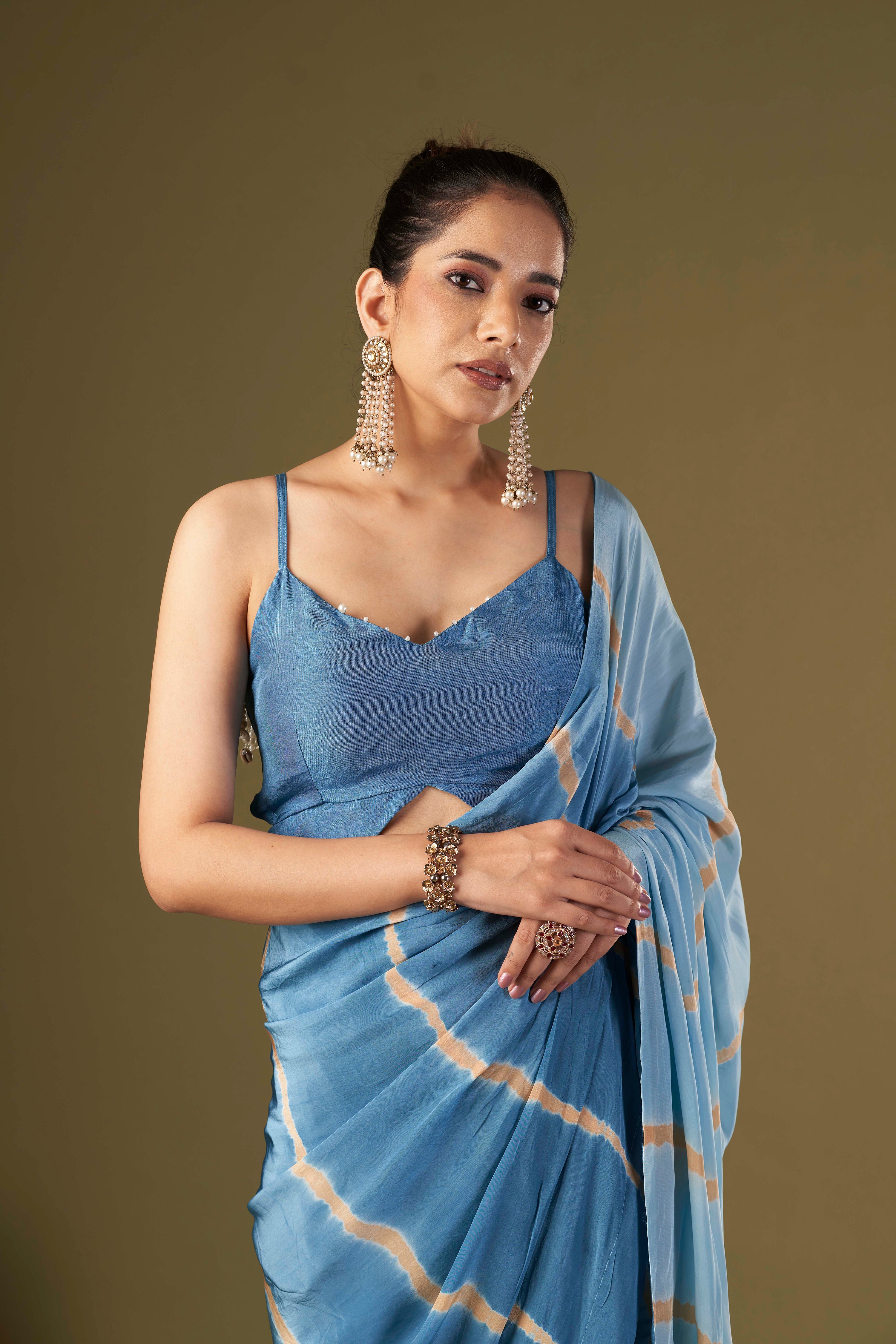 Tisya Ocean Blue Tie & Dye Pre Drape Saree aired With Butterfly Blouse