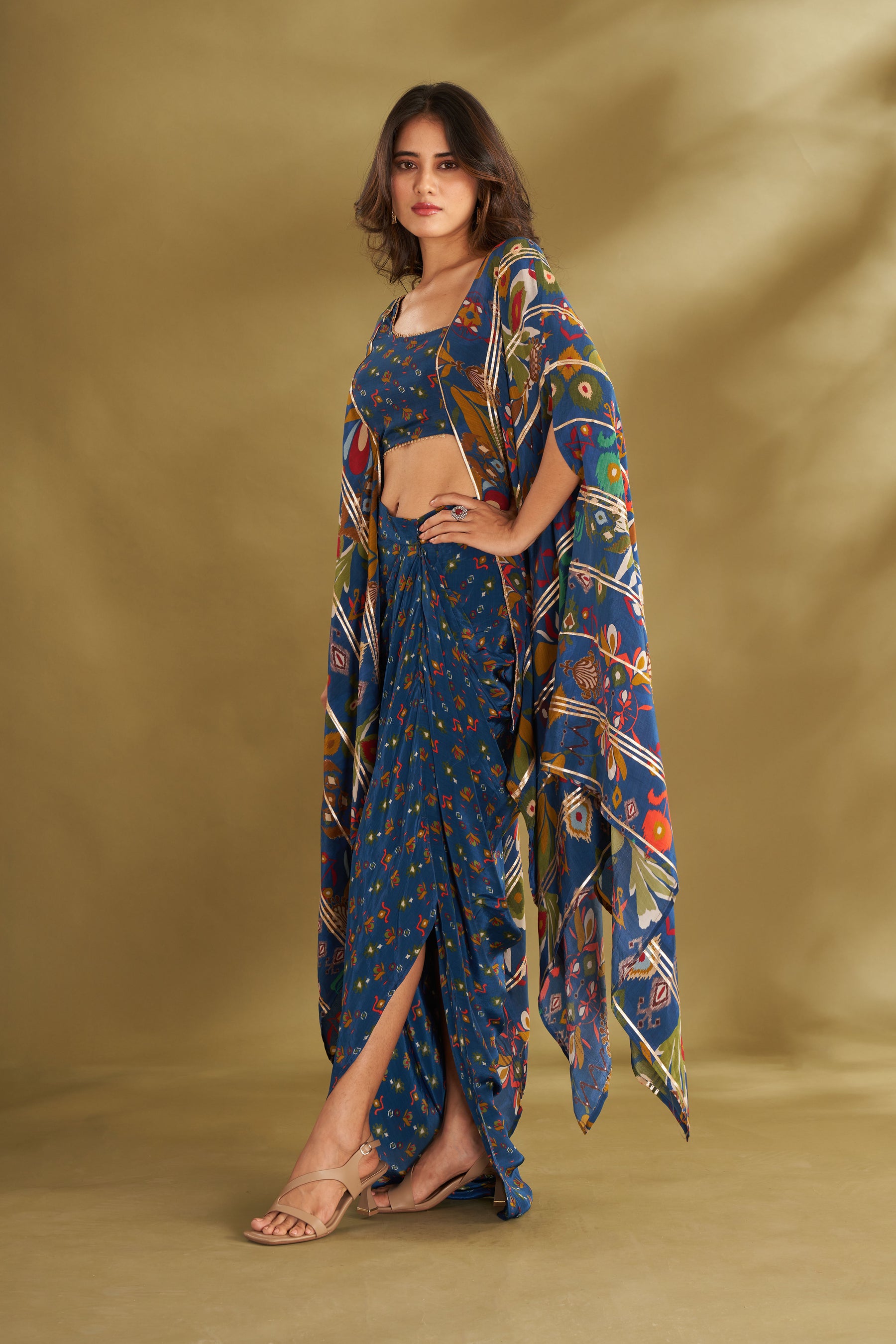 Blue Printed Drape Skirt With Cape Blouse