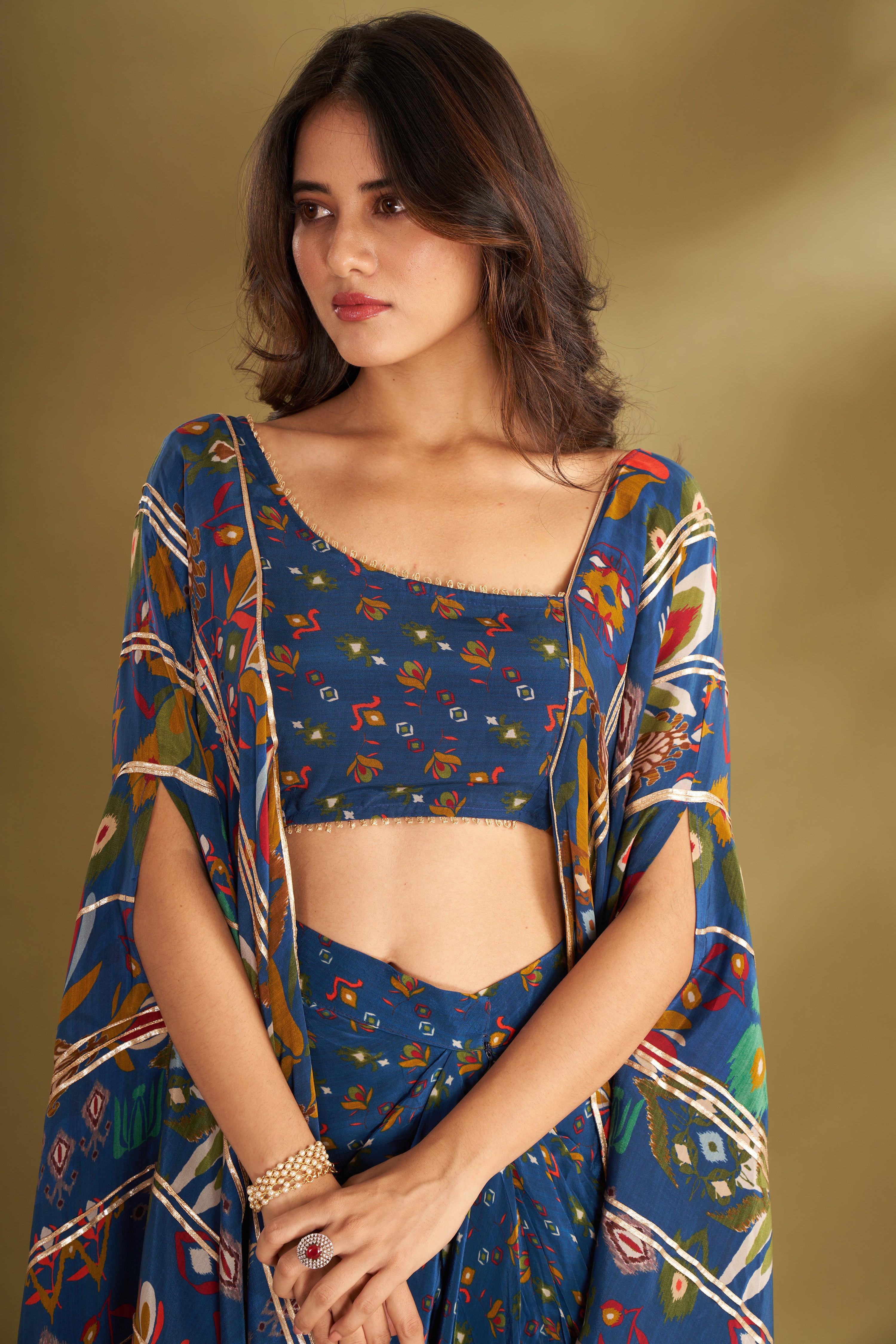 Blue Printed Drape Skirt With Cape Blouse