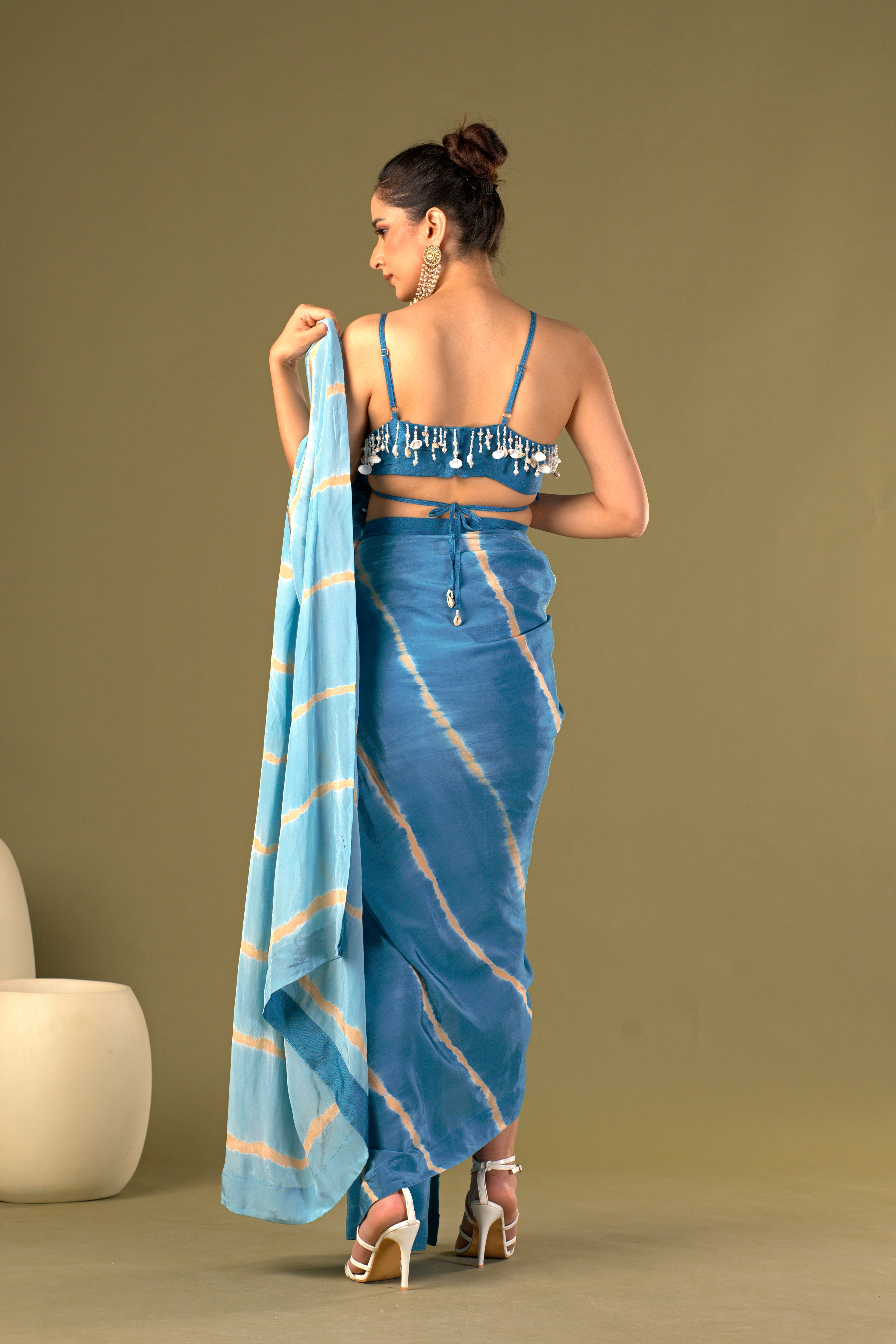 Tisya Ocean Blue Tie & Dye Pre Drape Saree aired With Butterfly Blouse