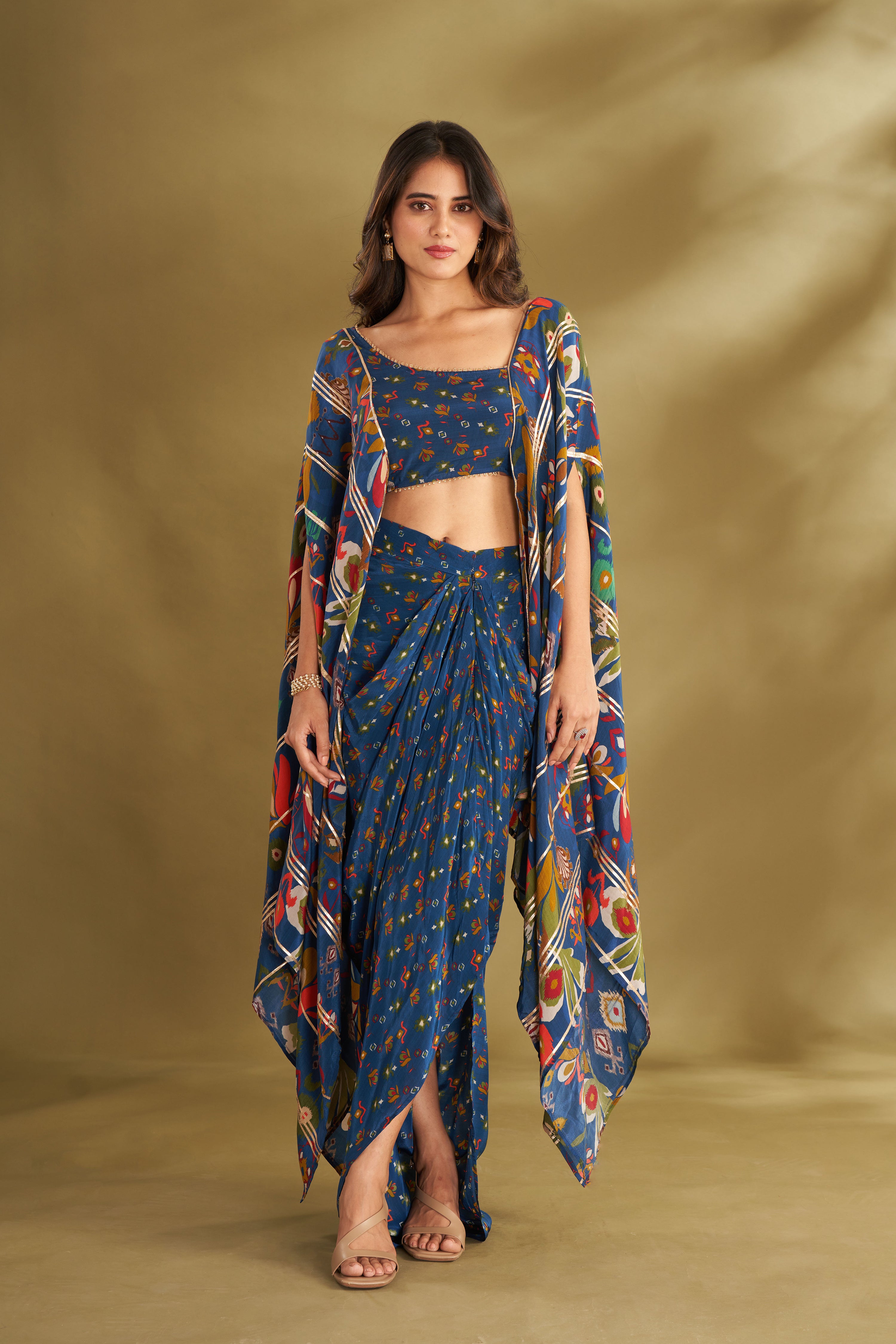 Blue Printed Drape Skirt With Cape Blouse