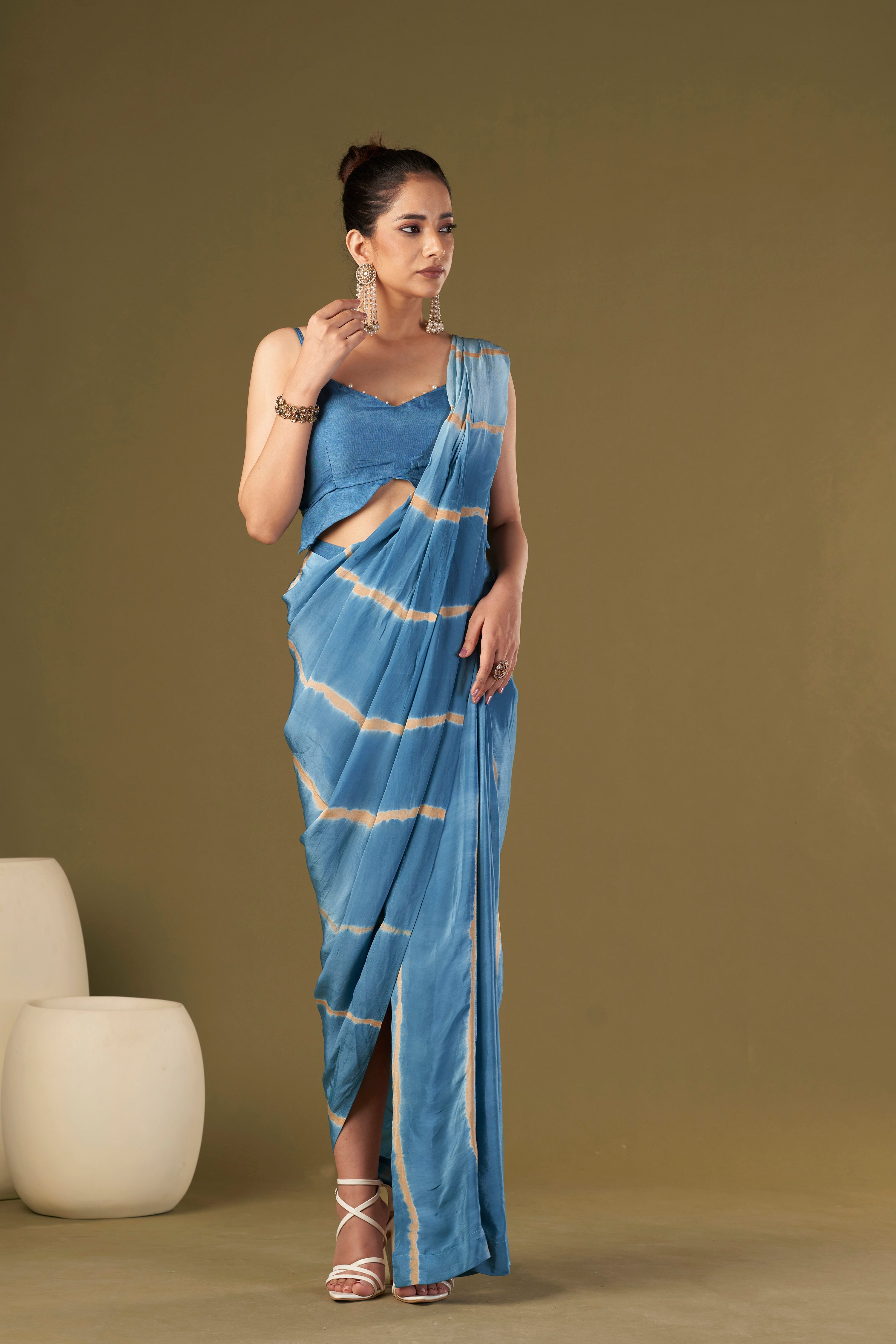 Tisya Ocean Blue Tie & Dye Pre Drape Saree aired With Butterfly Blouse