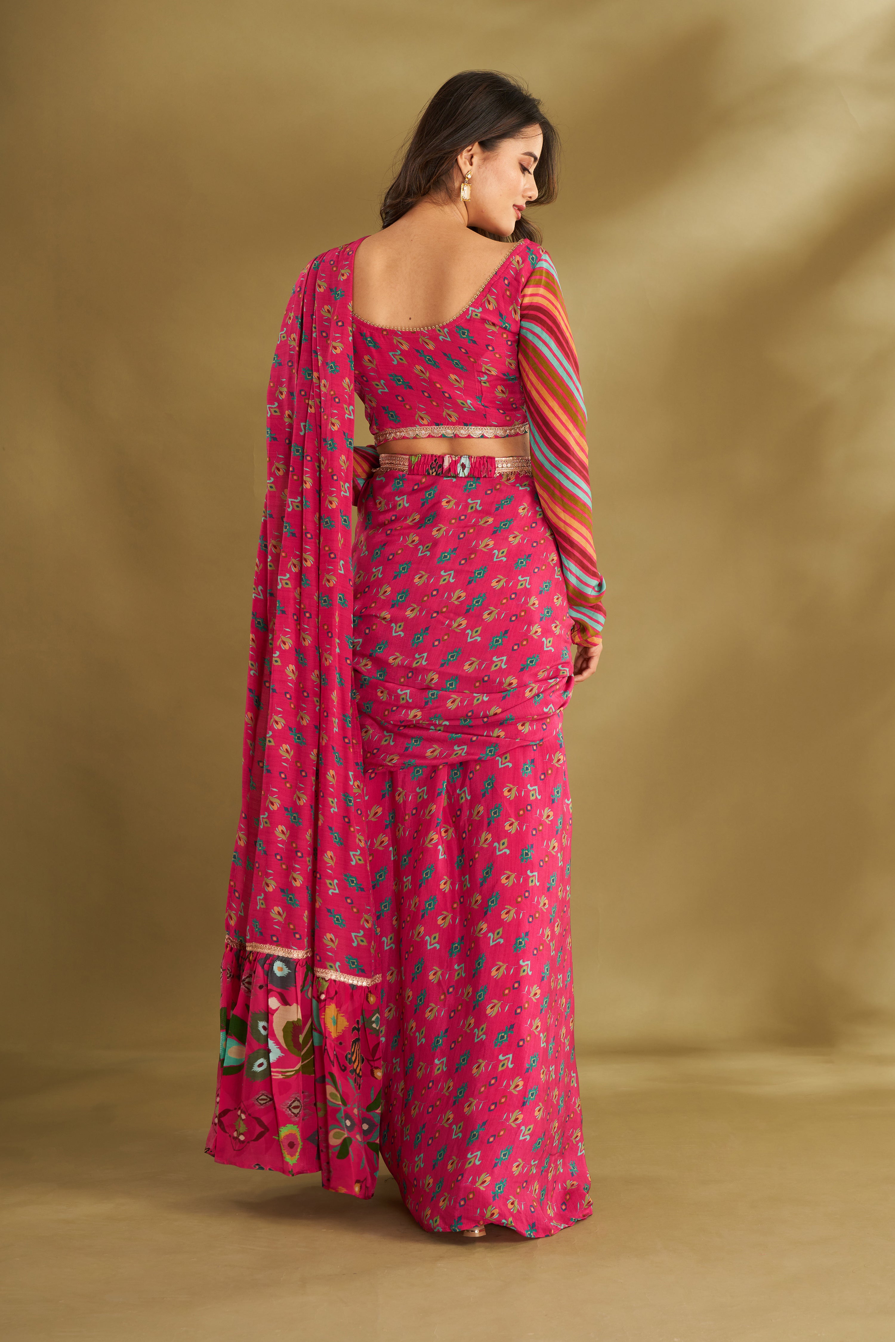 Hot Pink Printed & Embroidered Pre-drape Saree Set