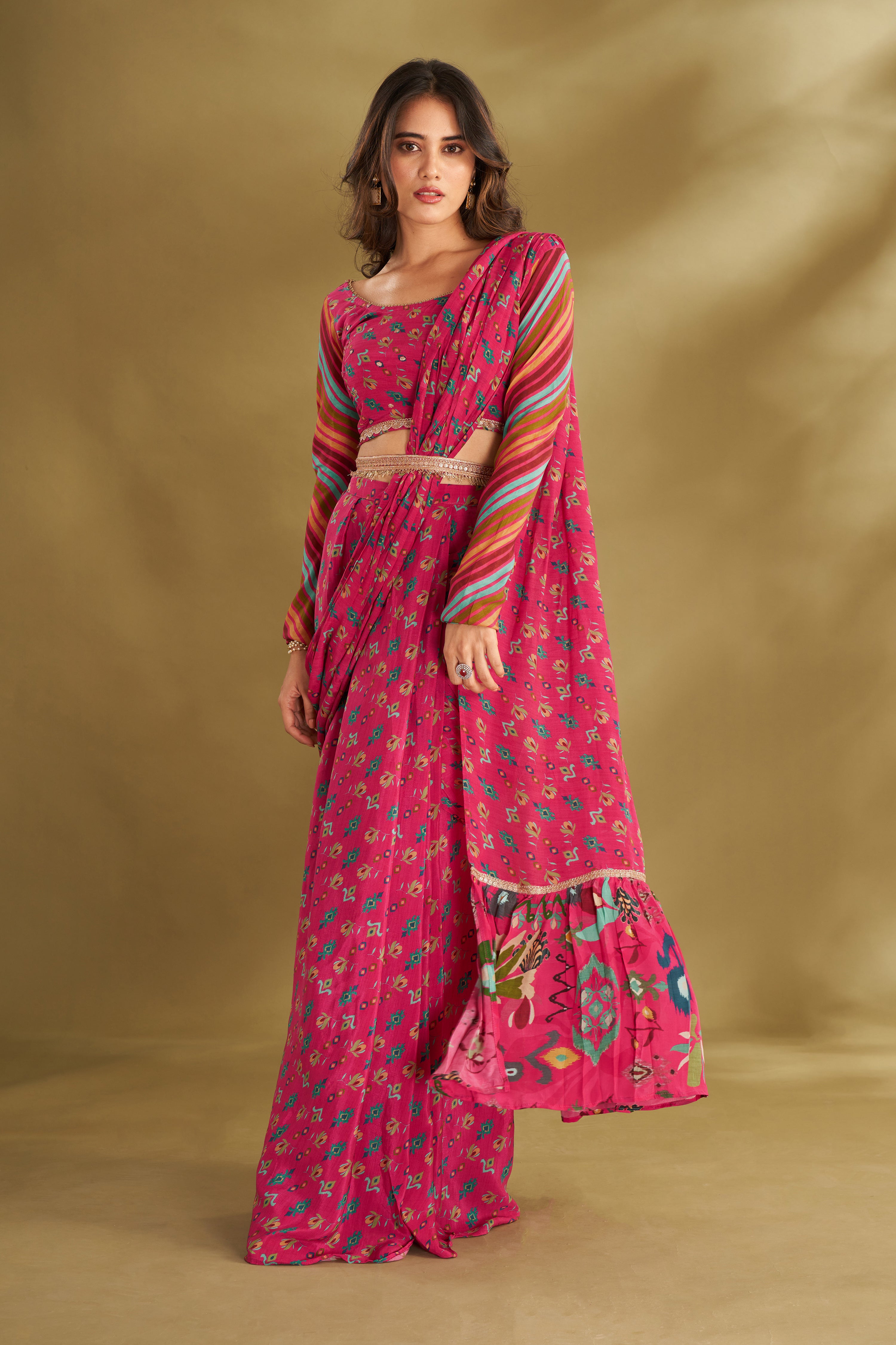 Hot Pink Printed & Embroidered Pre-drape Saree Set