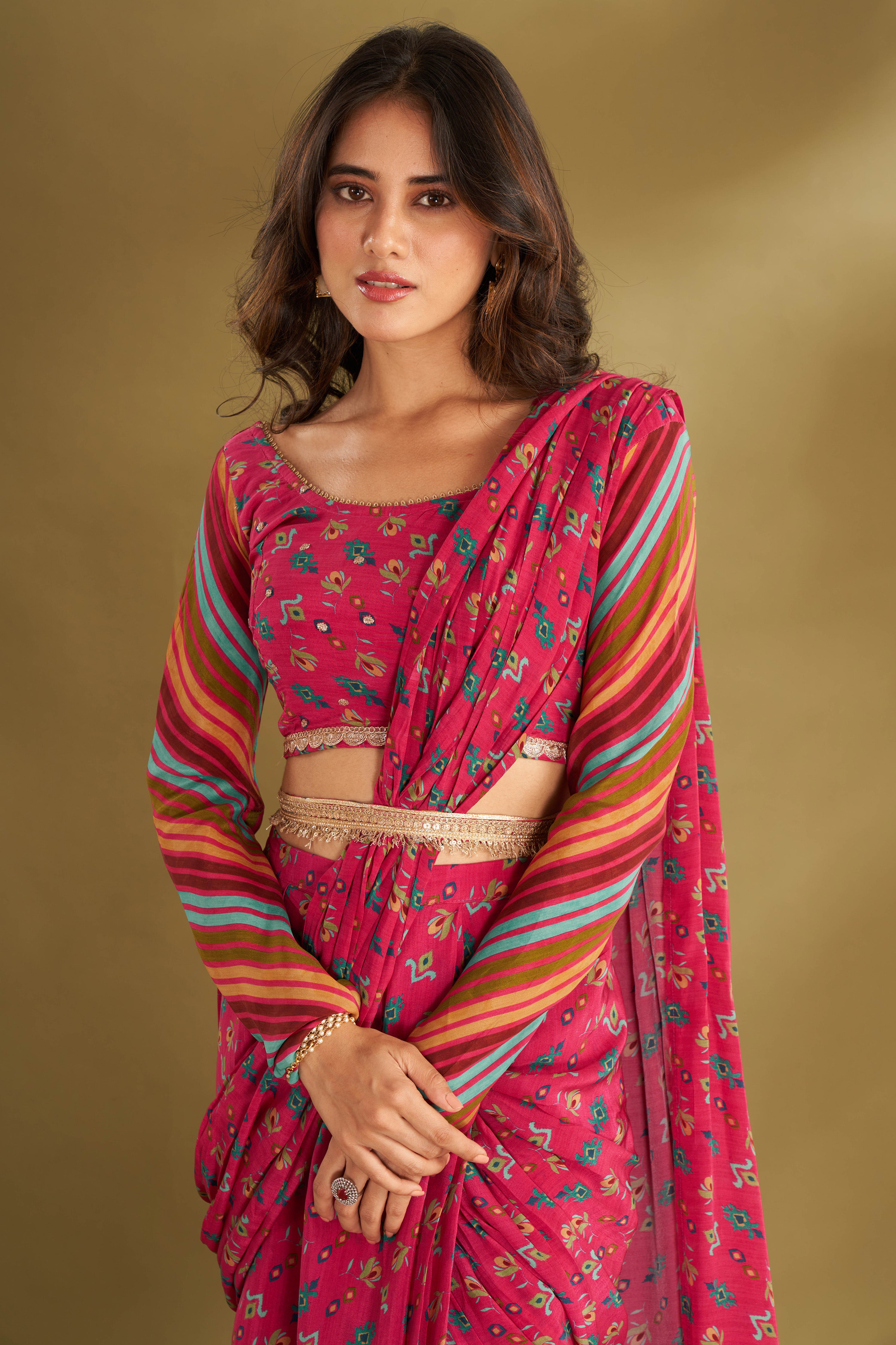 Hot Pink Printed & Embroidered Pre-drape Saree Set