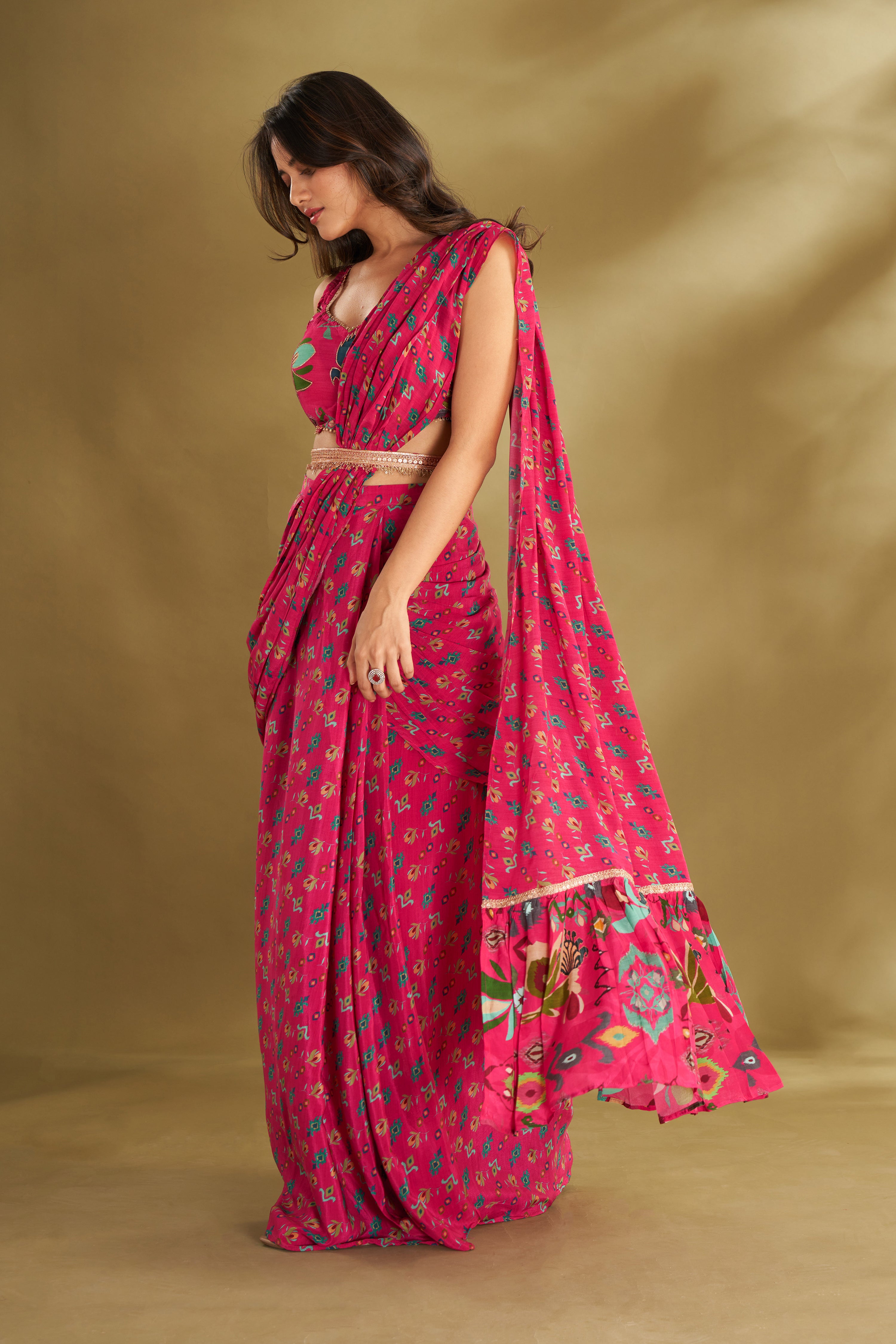 Hot Pink Printed & Embroidered Pre-drape Saree Set