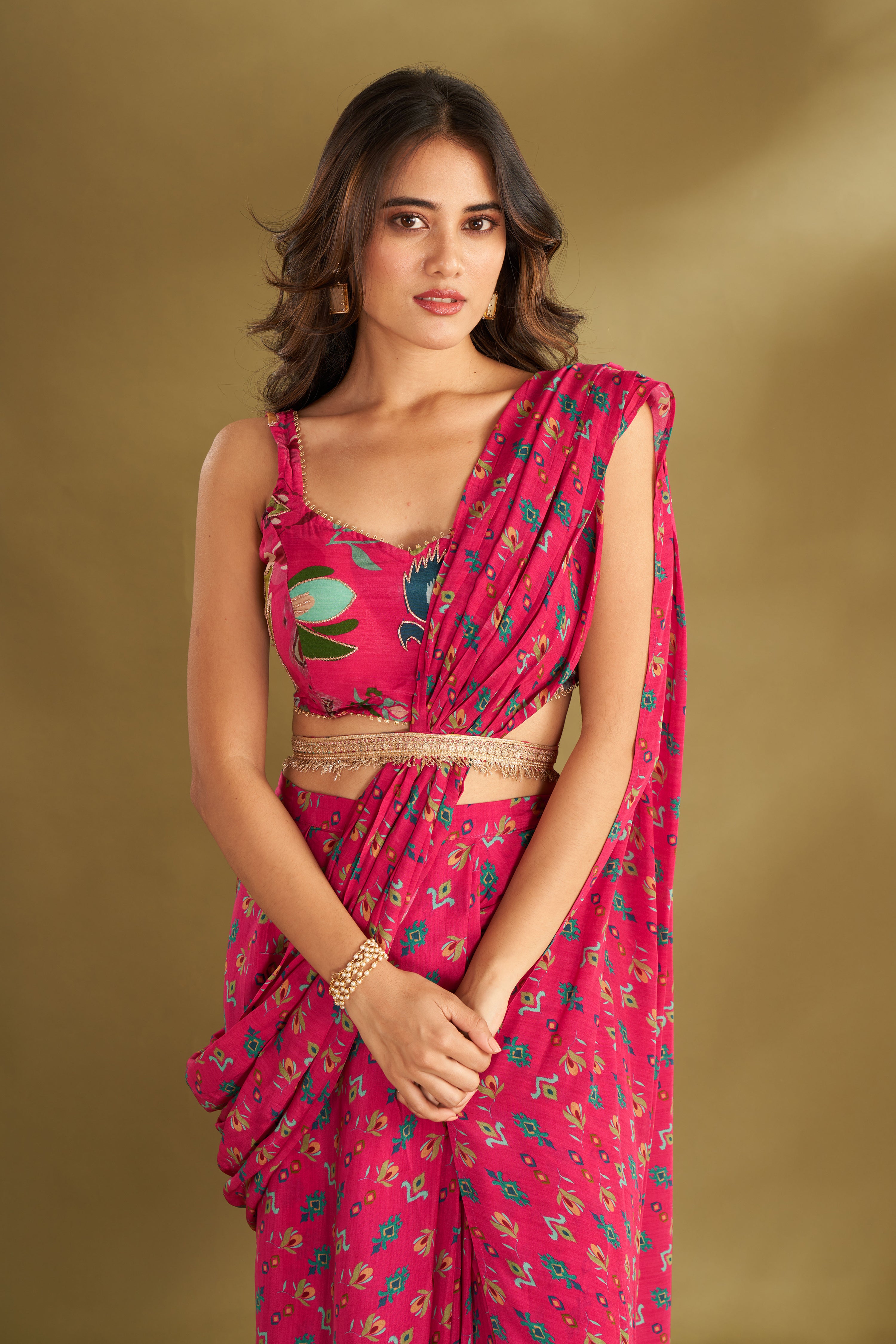 Hot Pink Printed & Embroidered Pre-drape Saree Set