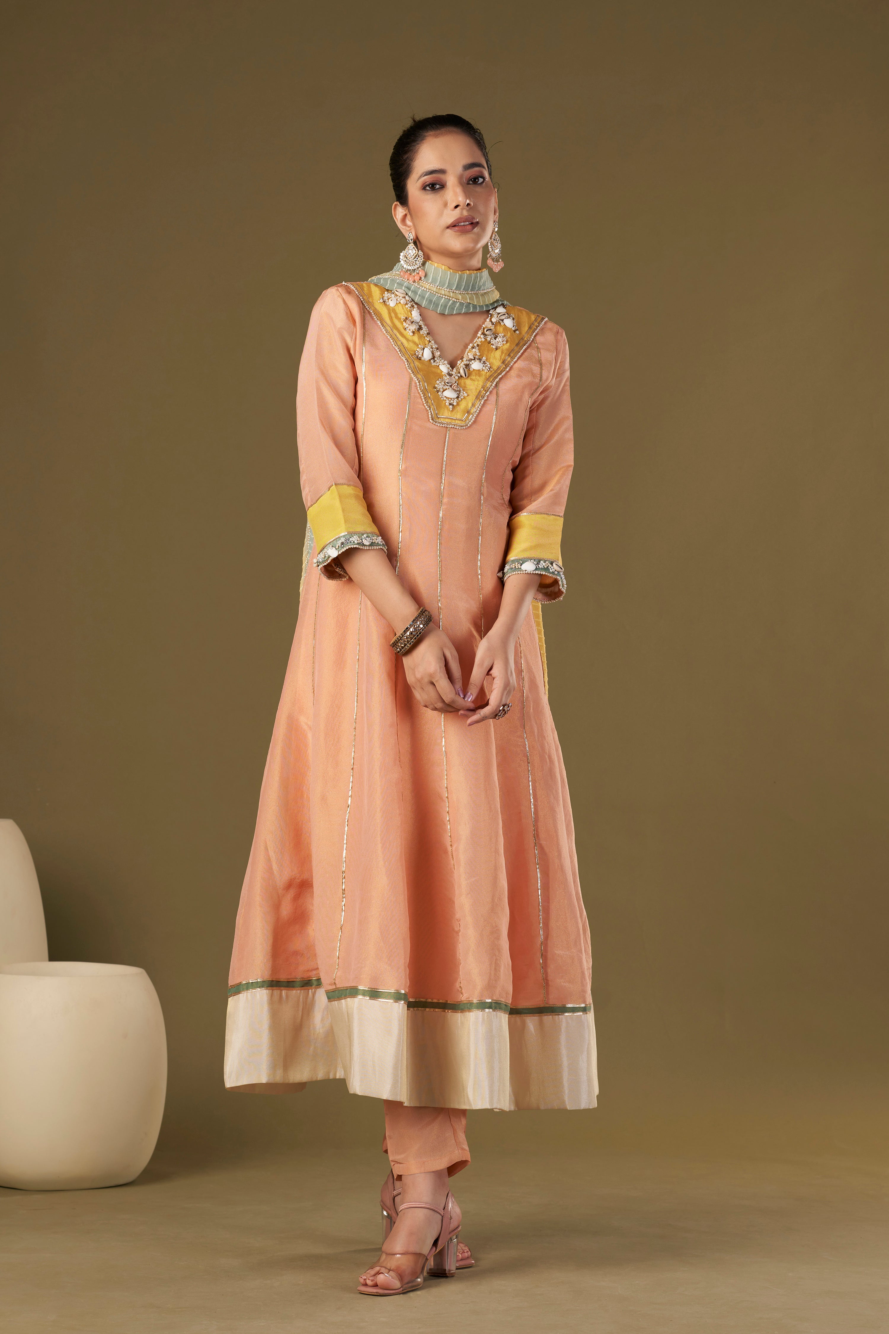 Tisya Peach Tissue Silk Anarkali Set