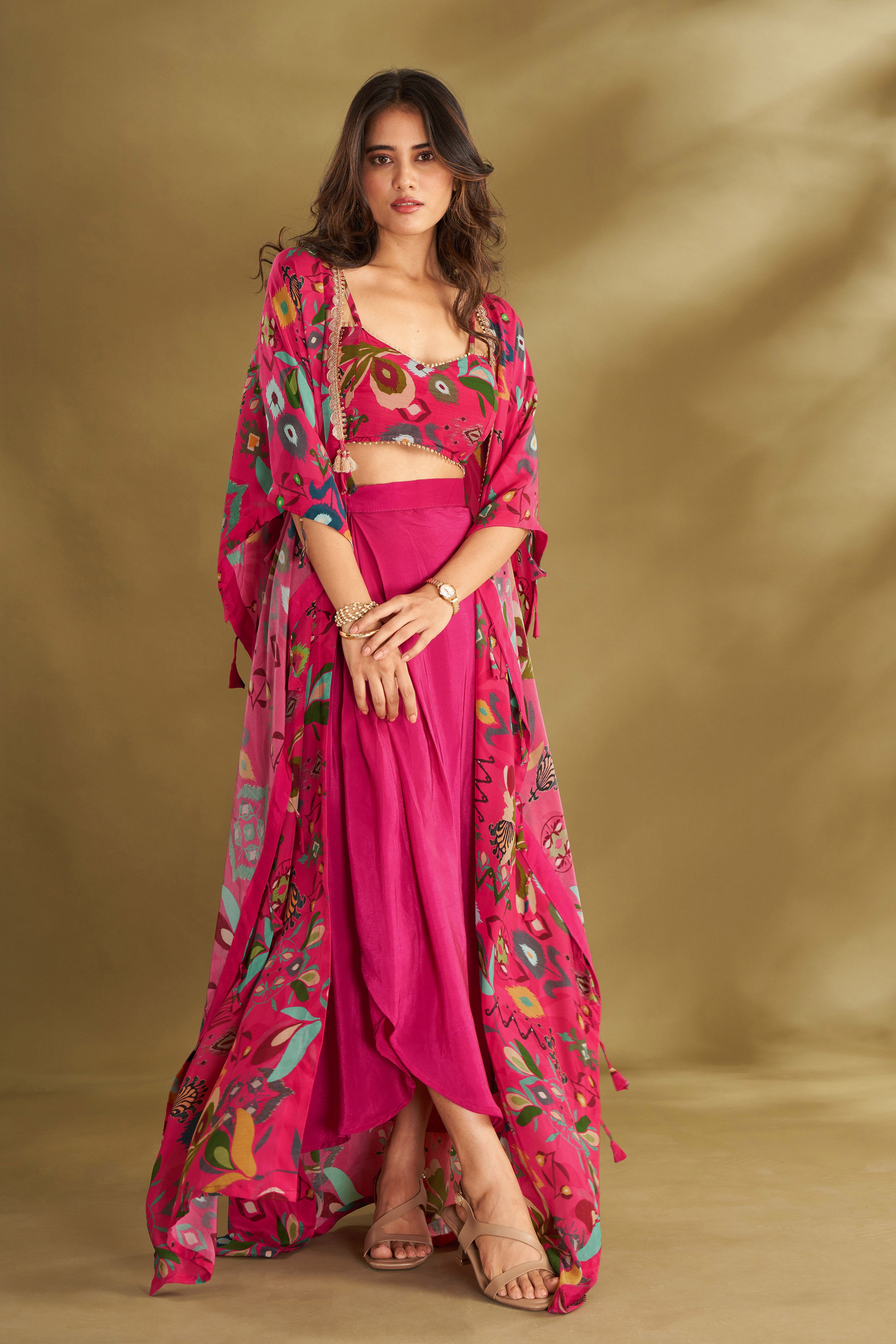 Hot Pink Drape Skirt & Cape Set