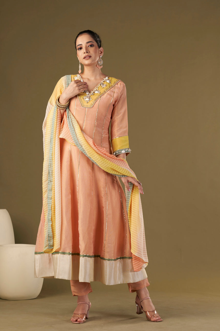 Tisya Peach Tissue Silk Anarkali Set
