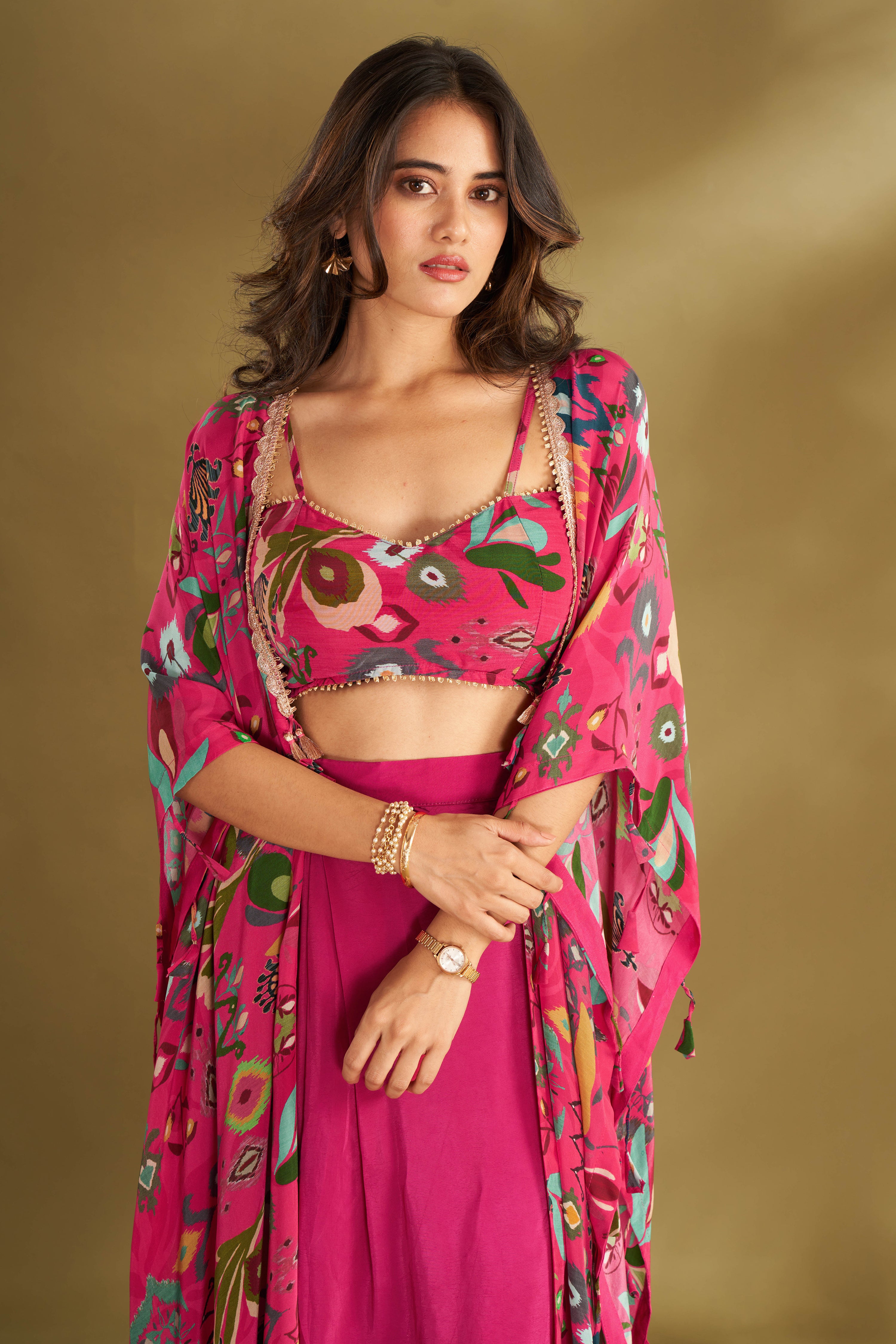 Hot Pink Drape Skirt & Cape Set