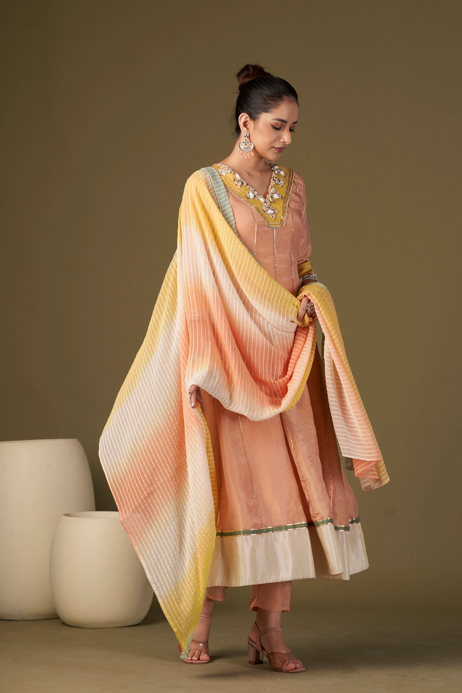 Tisya Peach Tissue Silk Anarkali Set