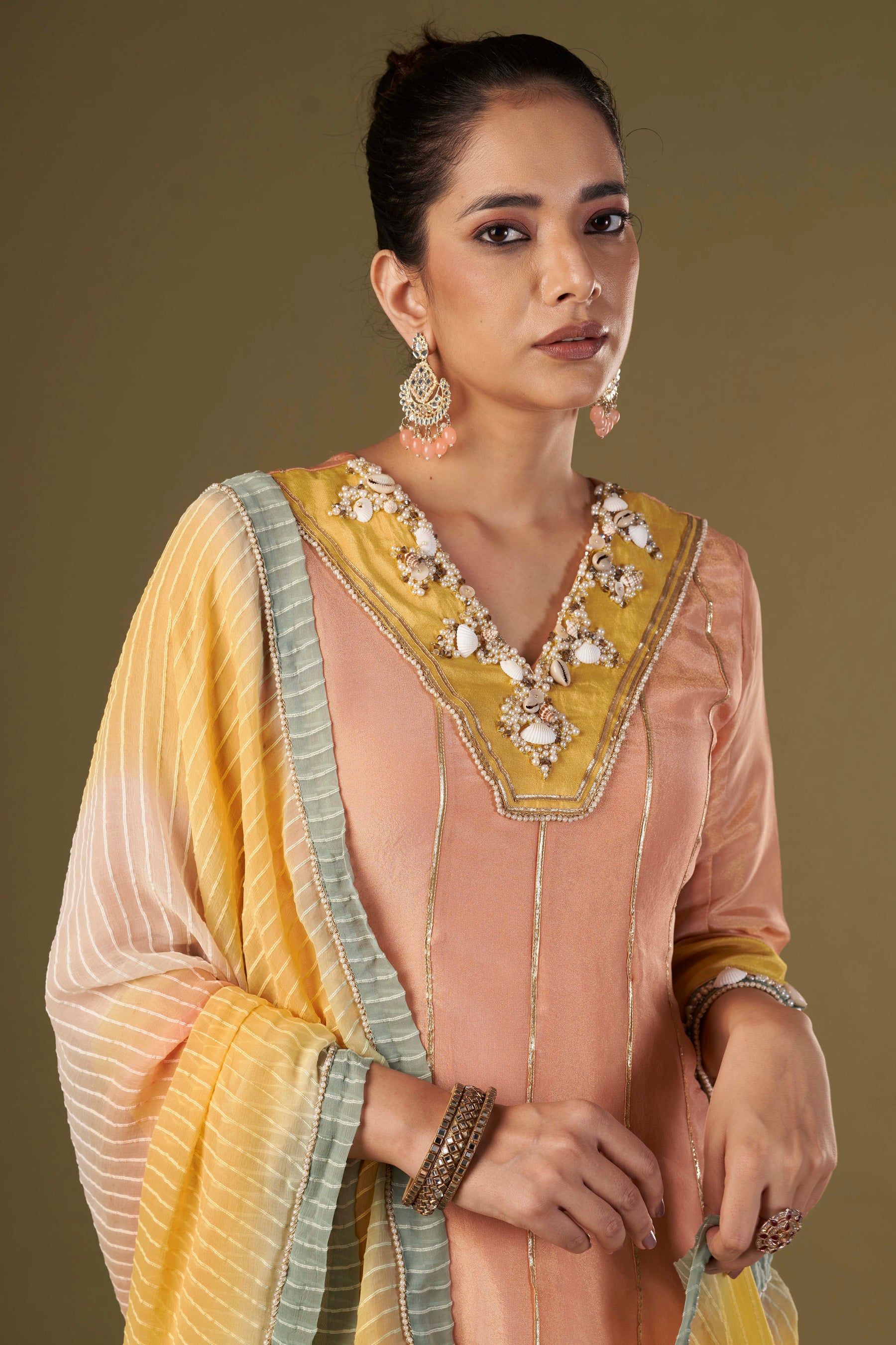 Tisya Peach Tissue Silk Anarkali Set
