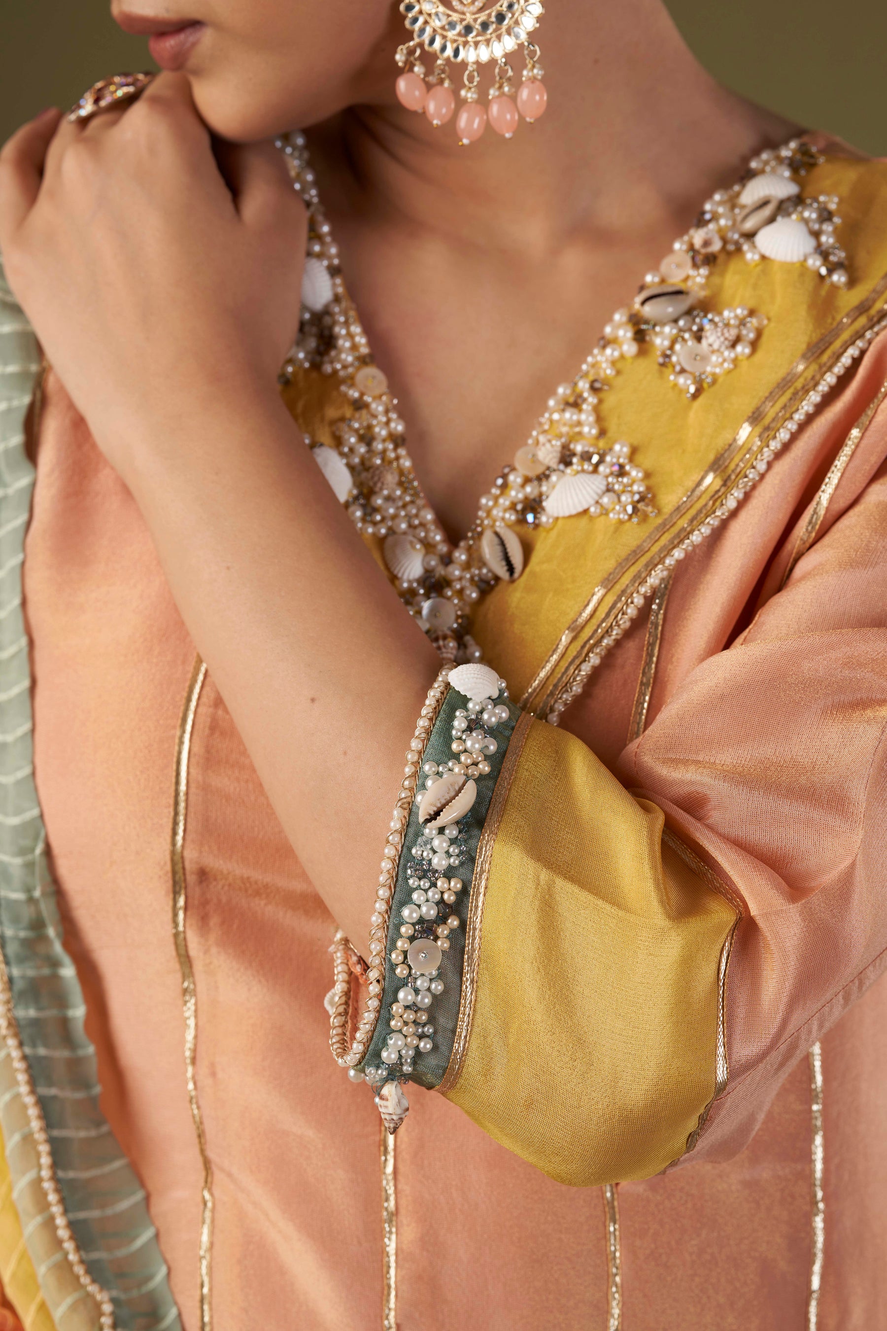 Tisya Peach Tissue Silk Anarkali Set
