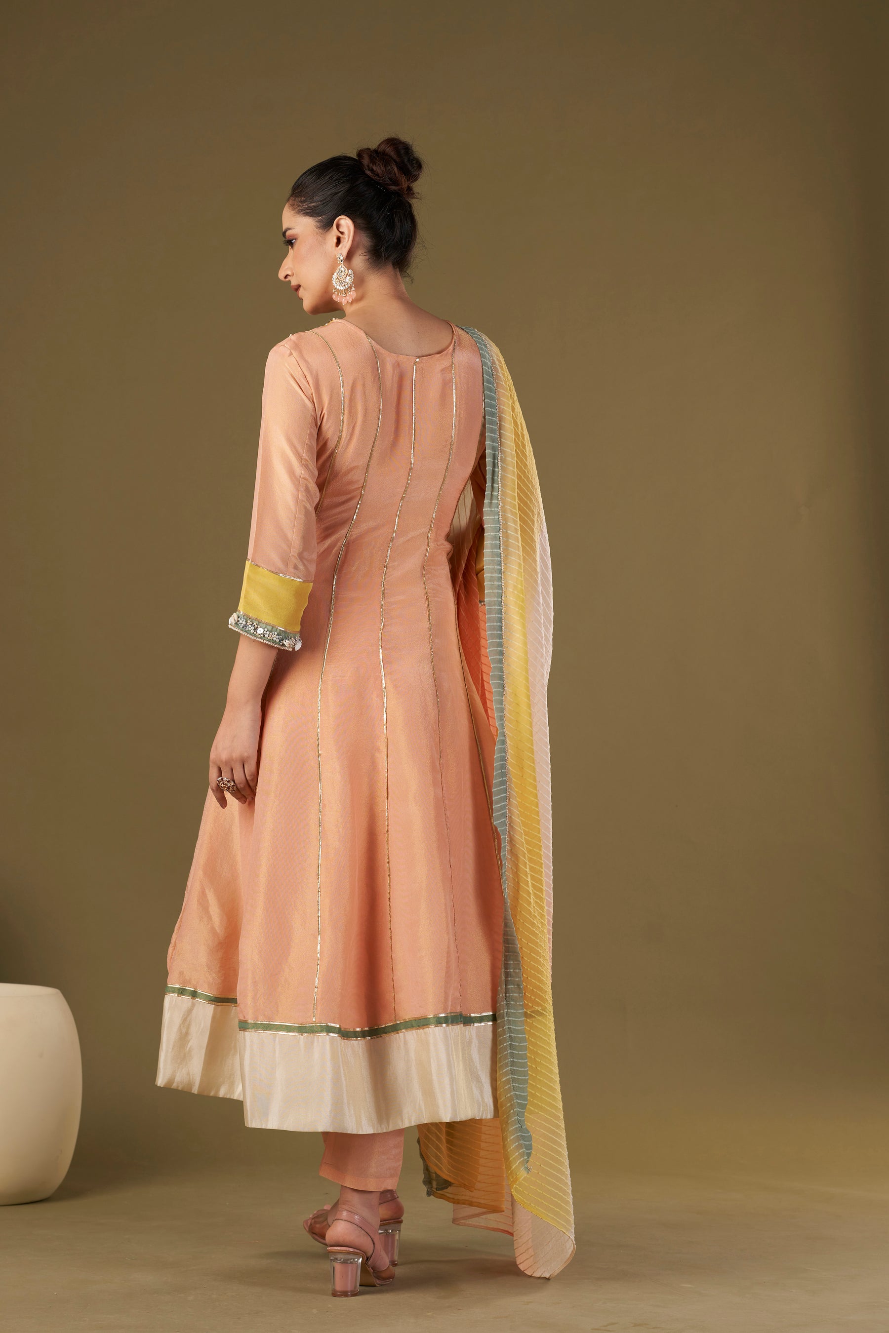 Tisya Peach Tissue Silk Anarkali Set