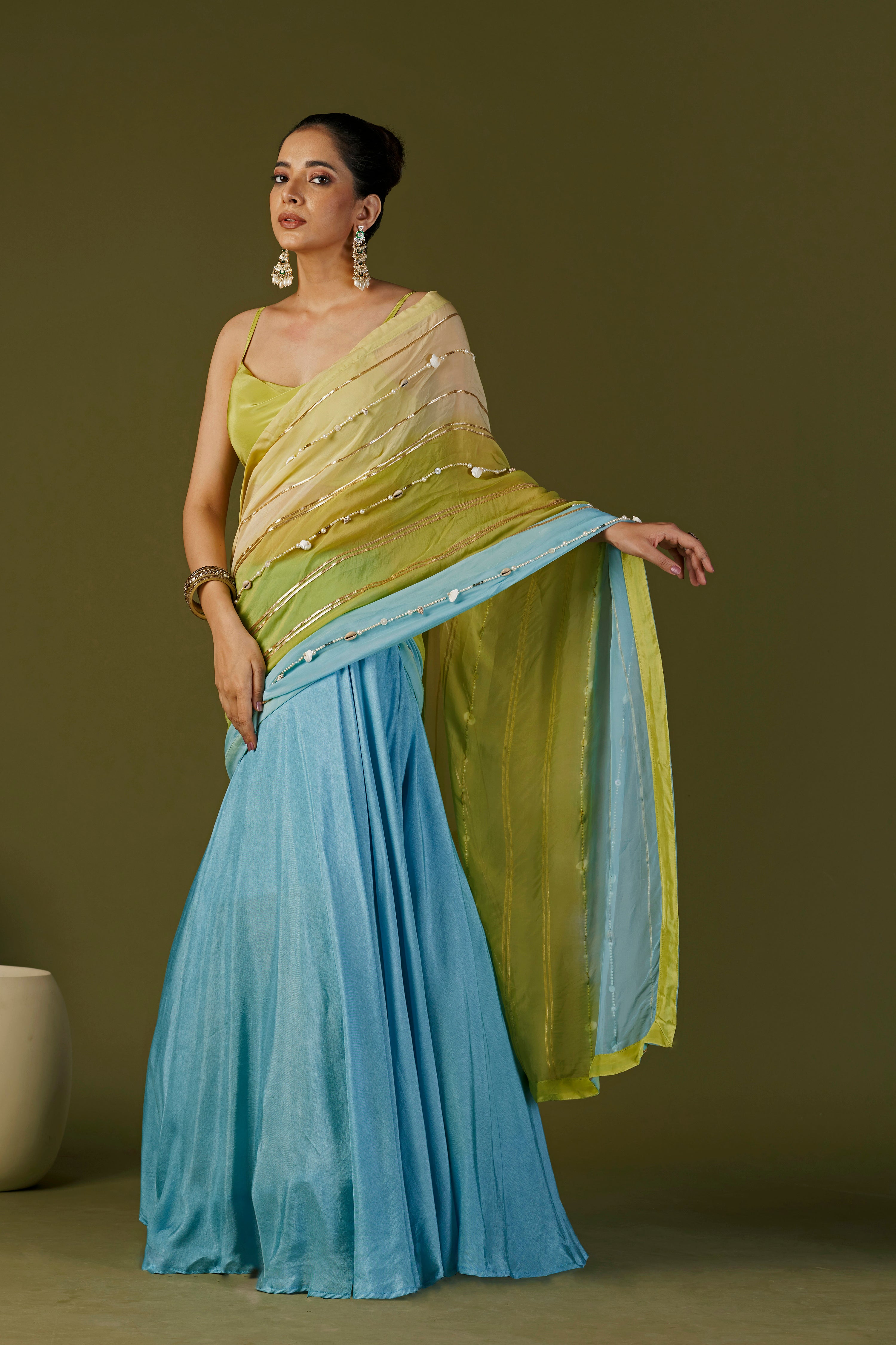 Tisya Sky Blue Lehenga Saree With Cowl Neck Blouse