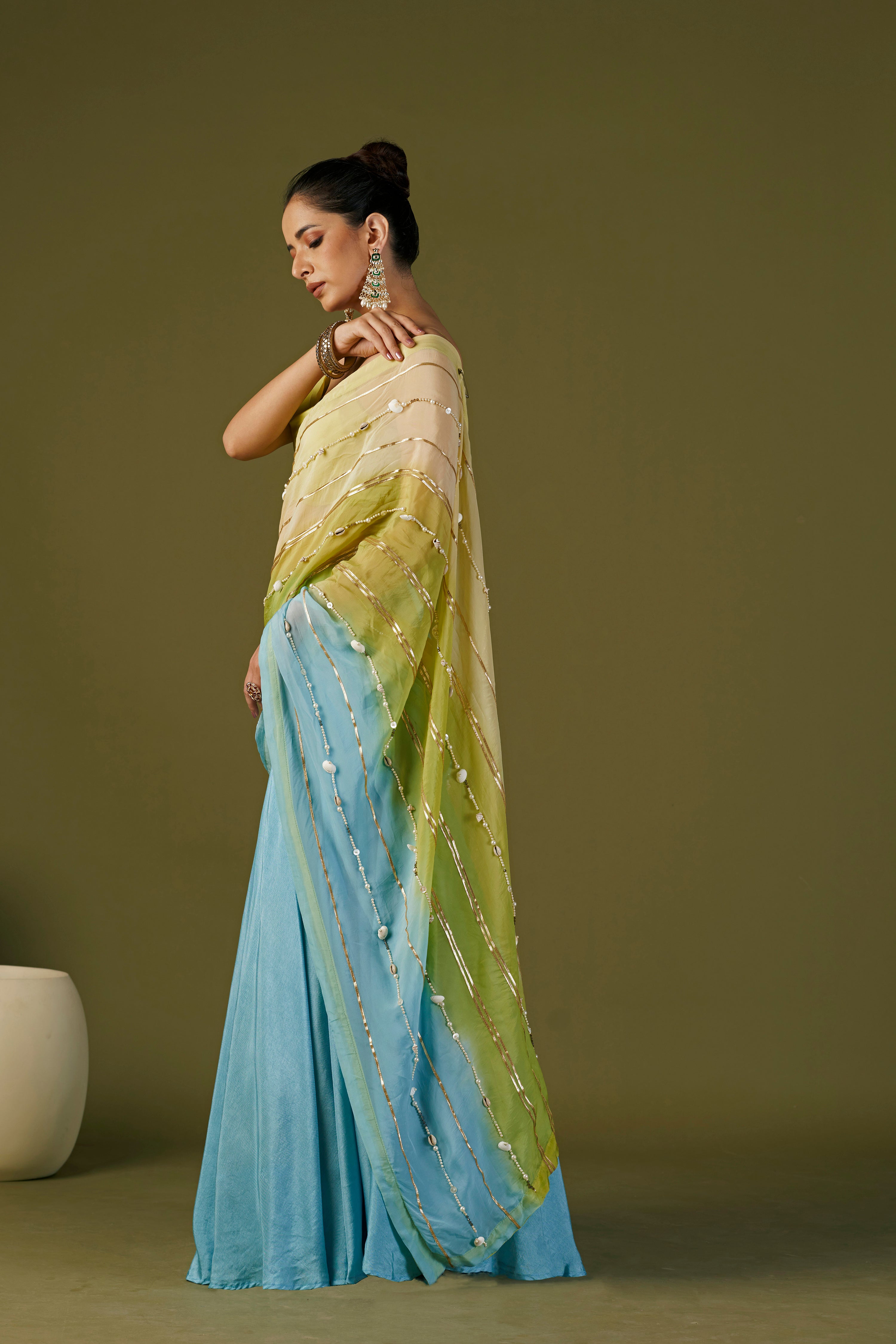 Tisya Sky Blue Lehenga Saree With Cowl Neck Blouse