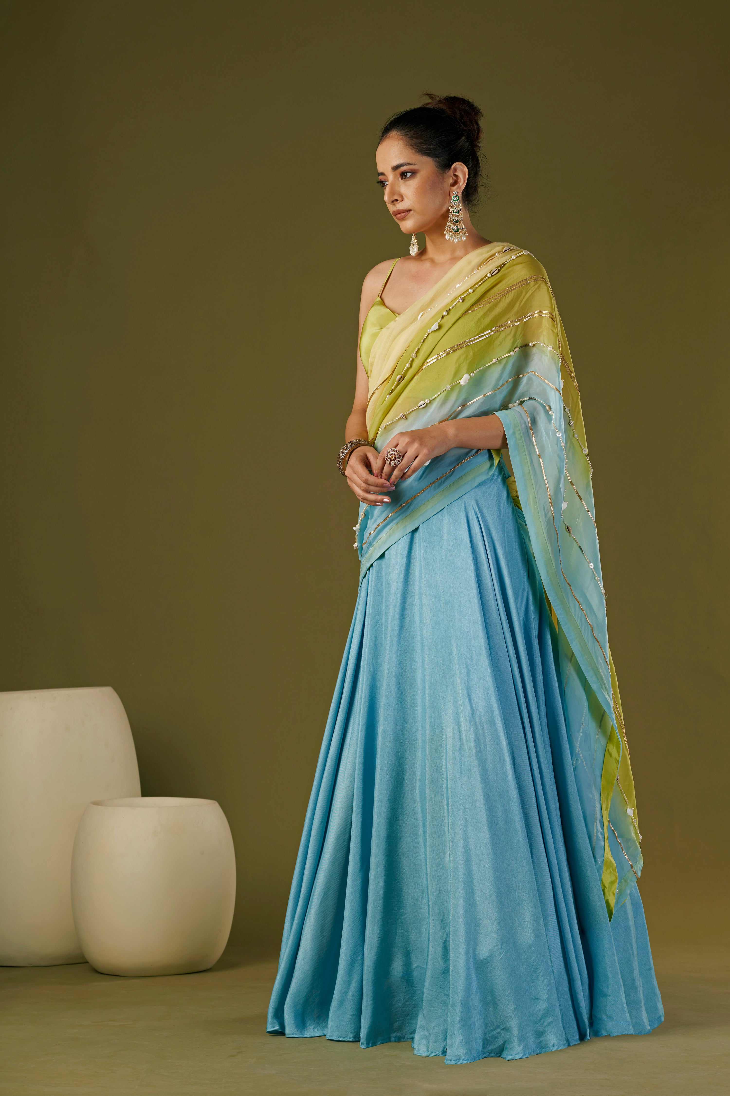 Tisya Sky Blue Lehenga Saree With Cowl Neck Blouse