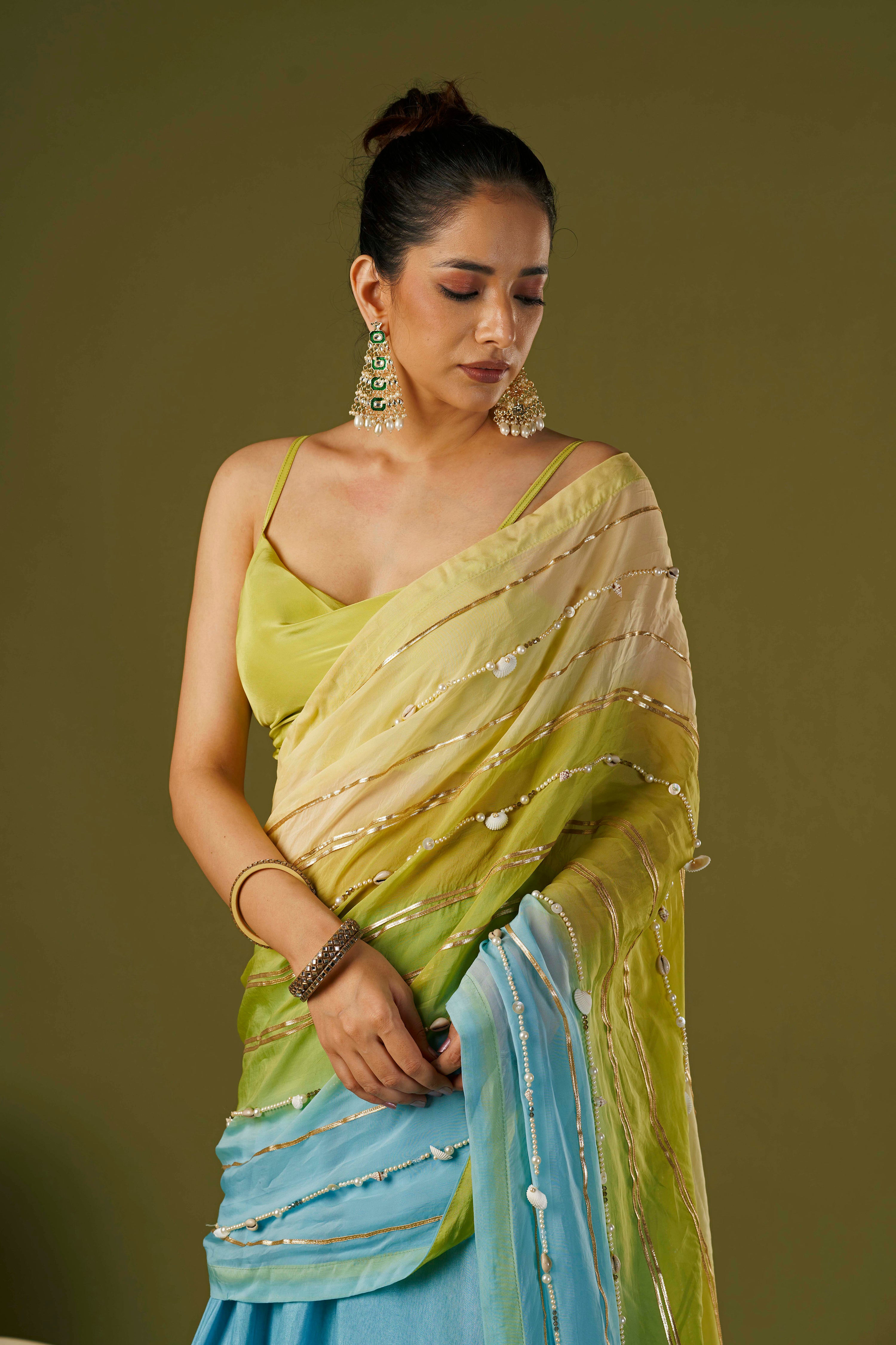Tisya Sky Blue Lehenga Saree With Cowl Neck Blouse