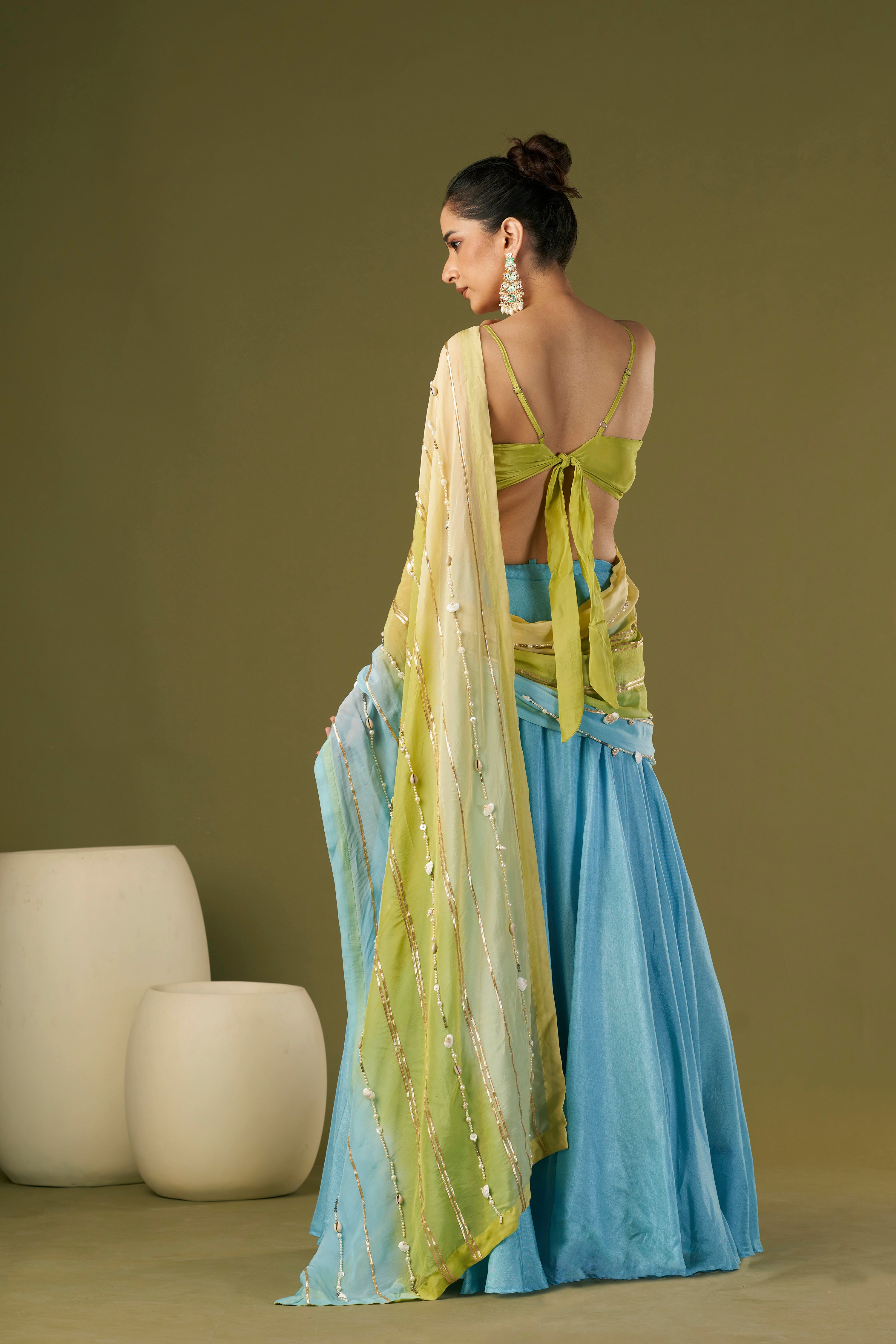 Tisya Sky Blue Lehenga Saree With Cowl Neck Blouse