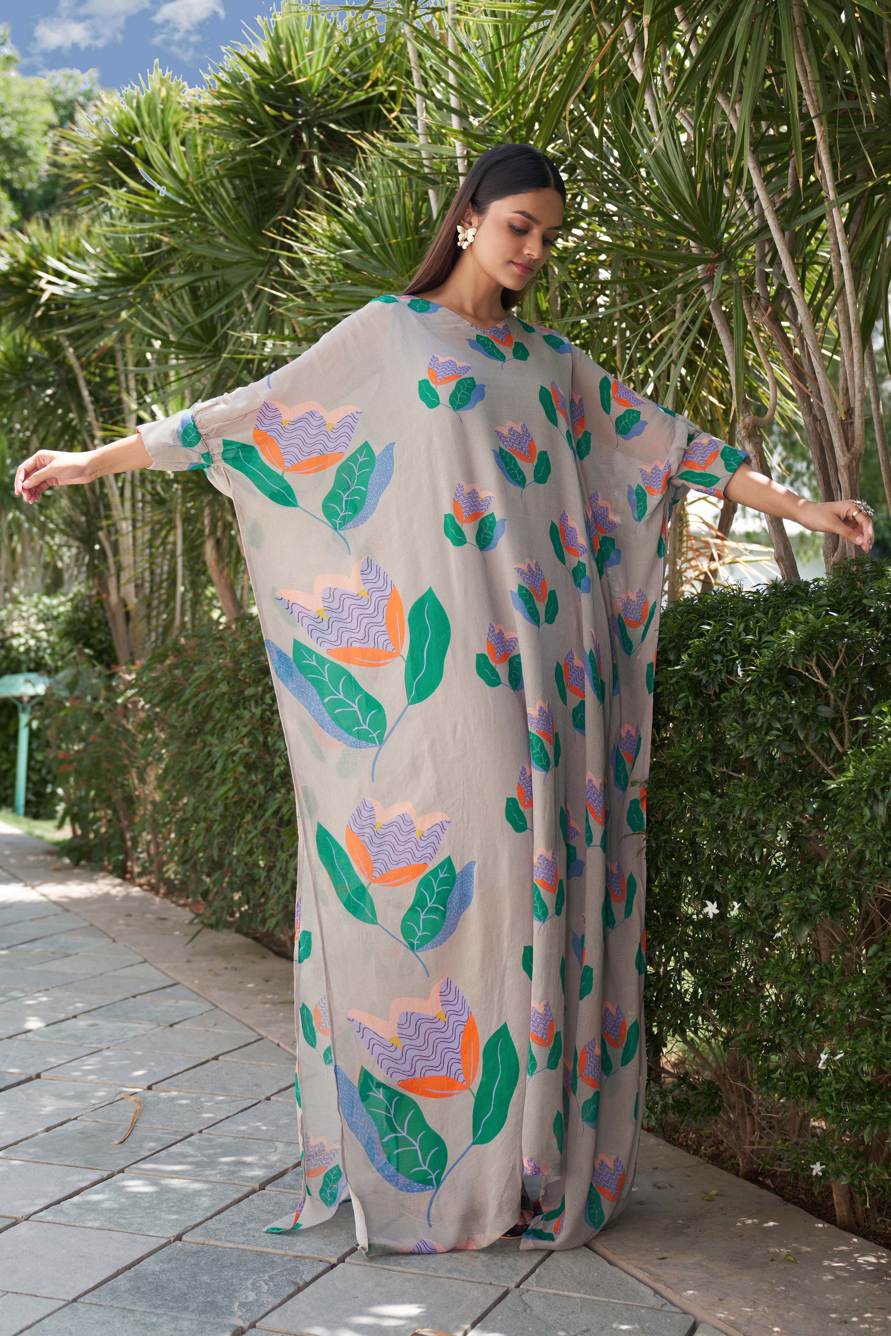 Summer Bloom Printed Grey Kaftan
