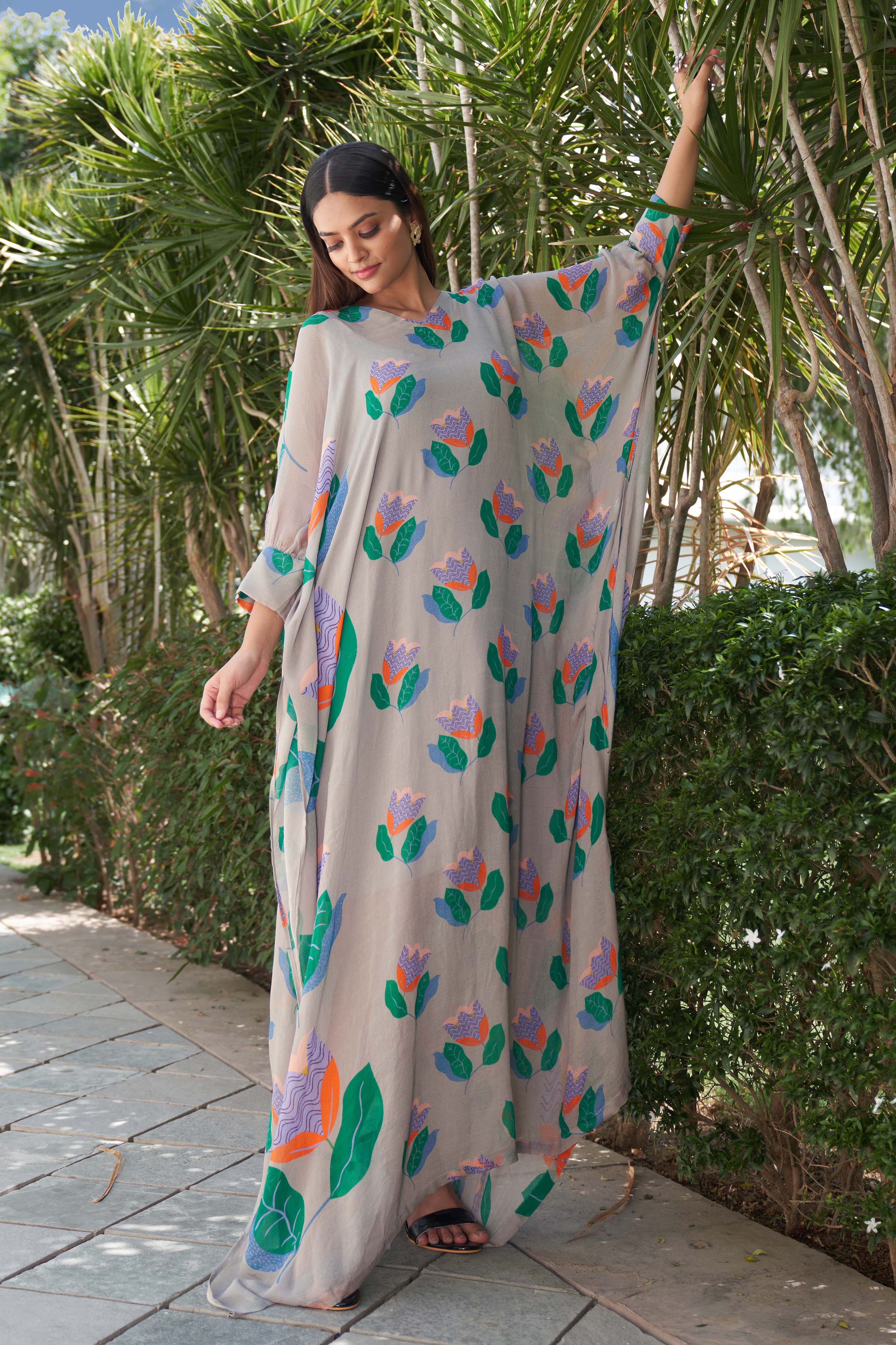 Summer Bloom Printed Grey Kaftan
