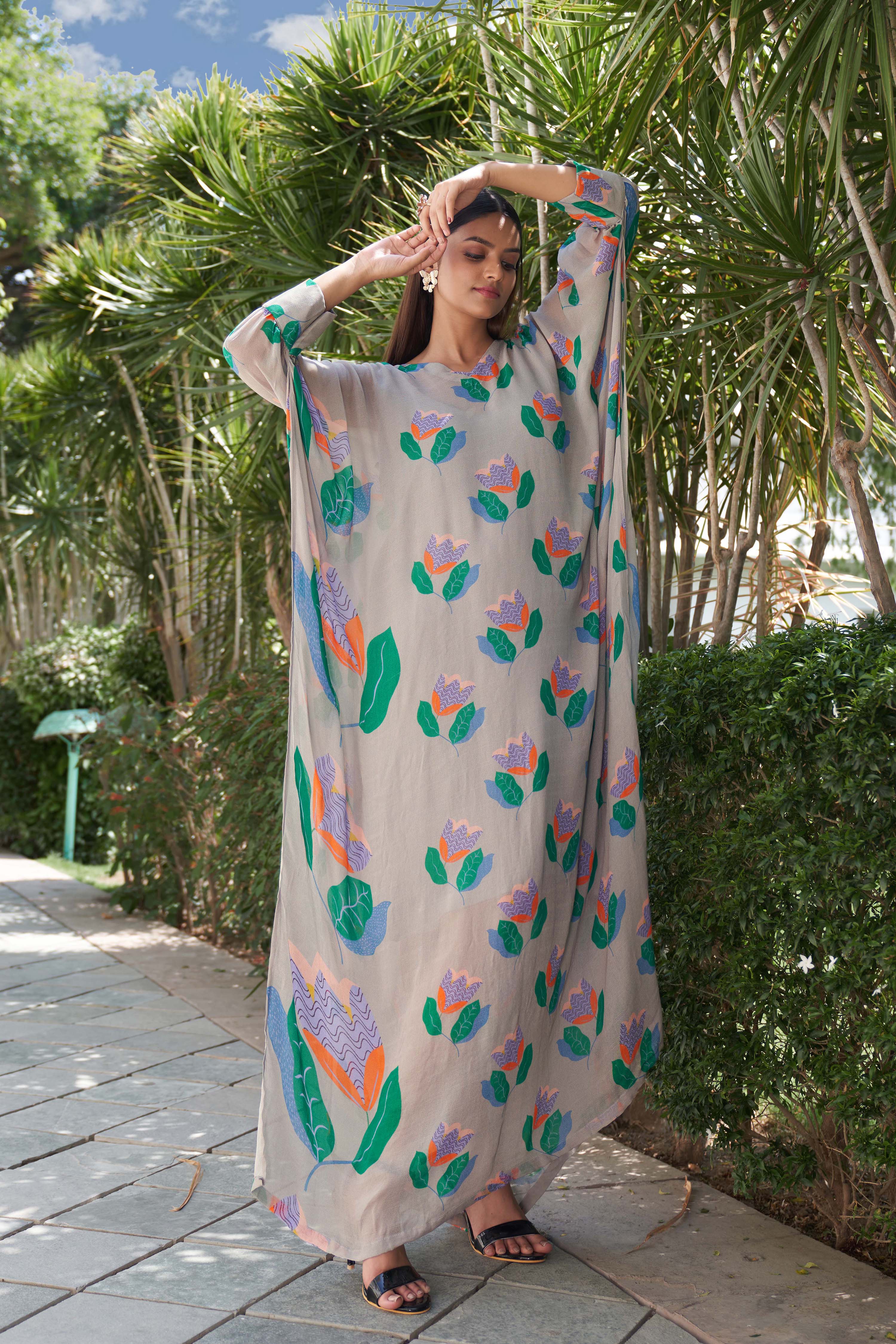 Summer Bloom Printed Grey Kaftan