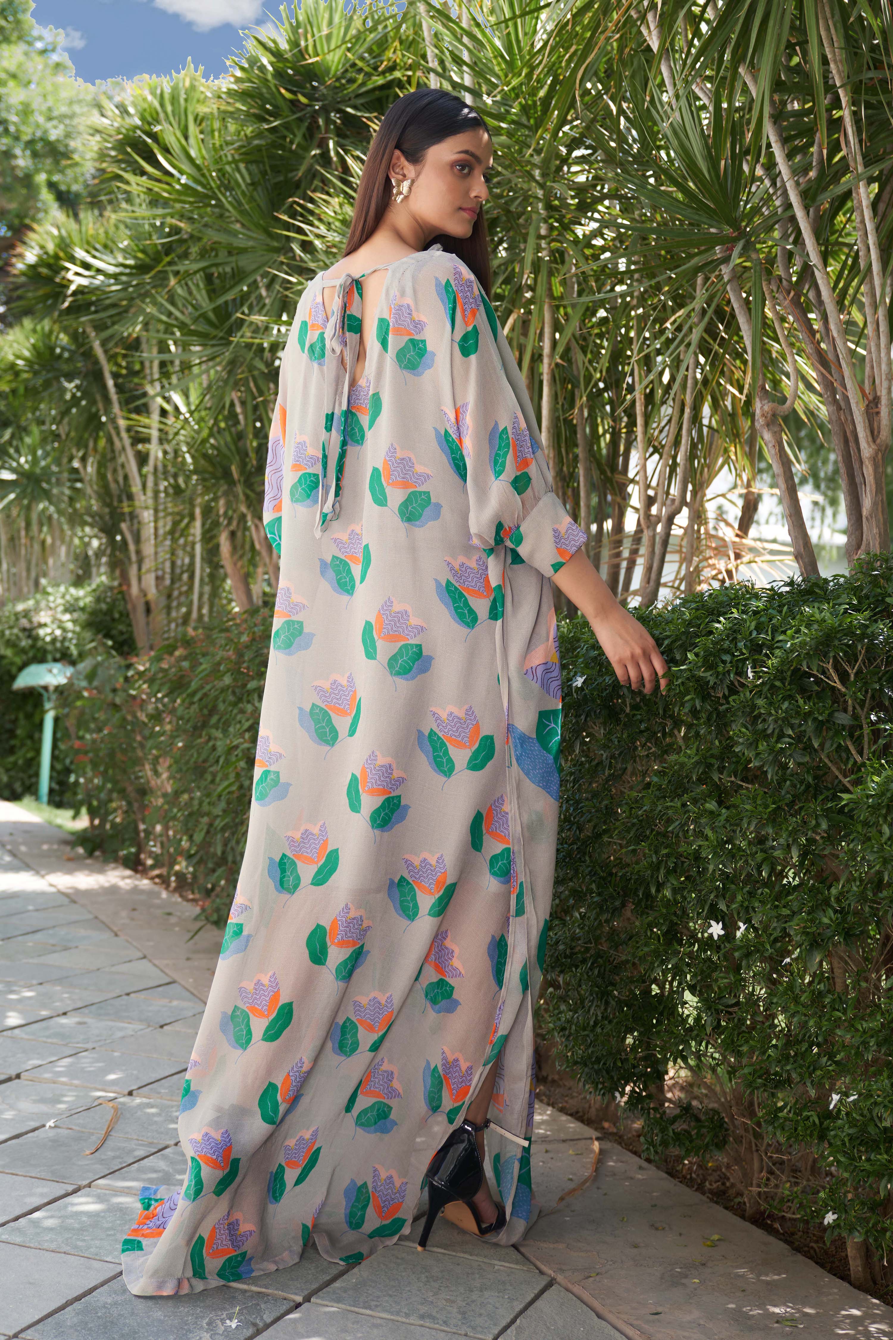 Summer Bloom Printed Grey Kaftan