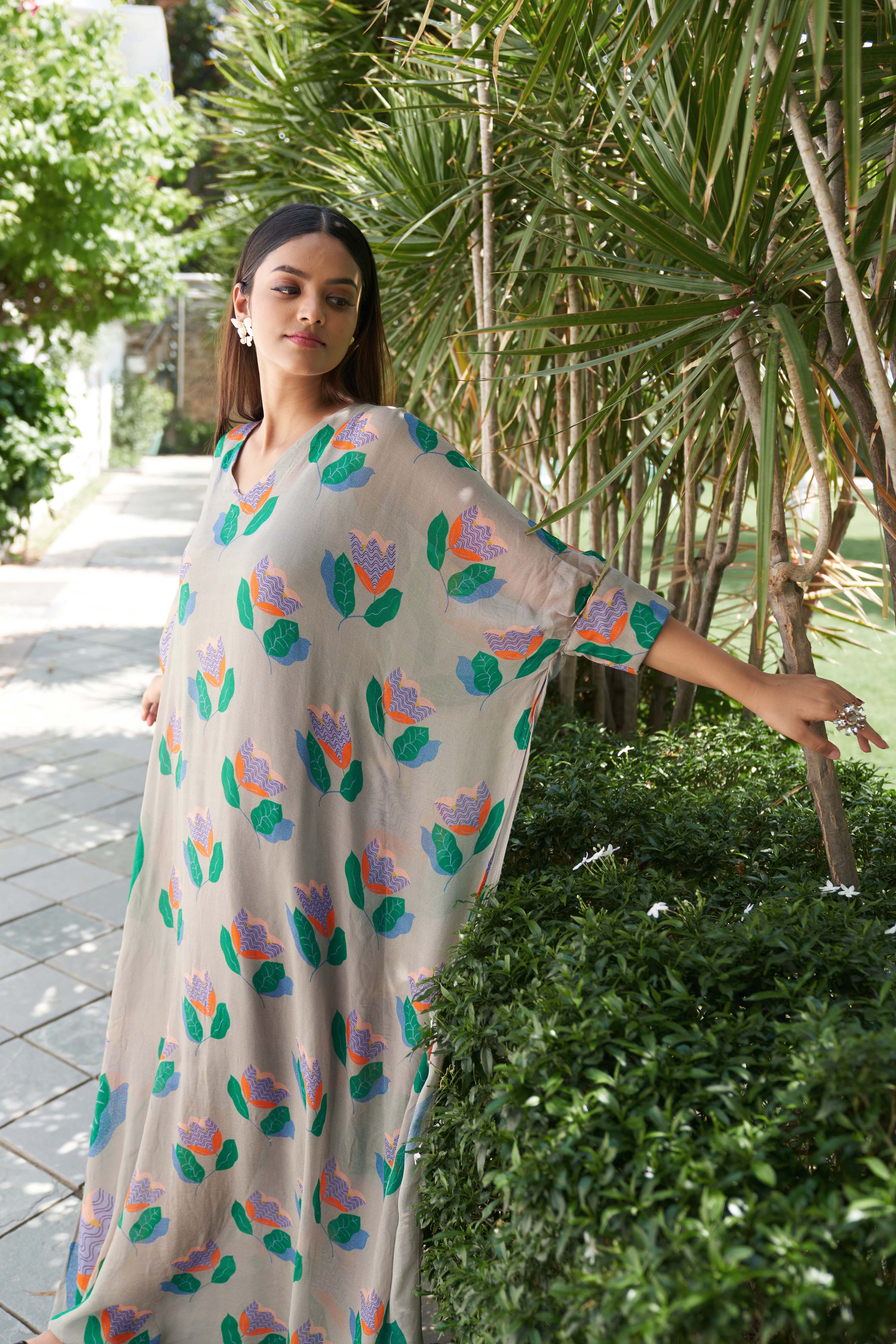Summer Bloom Printed Grey Kaftan