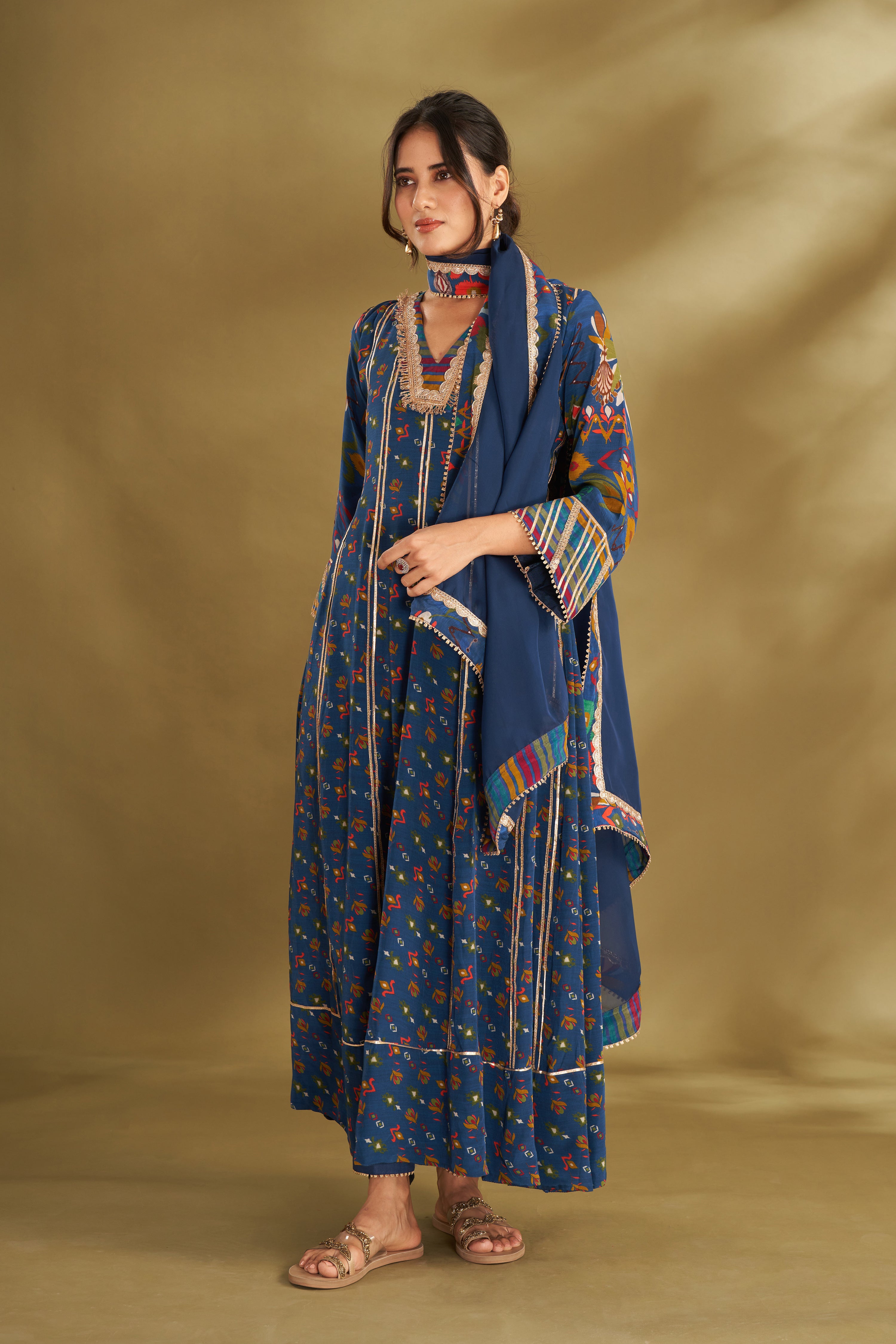 Blue Printed Anarkali Set