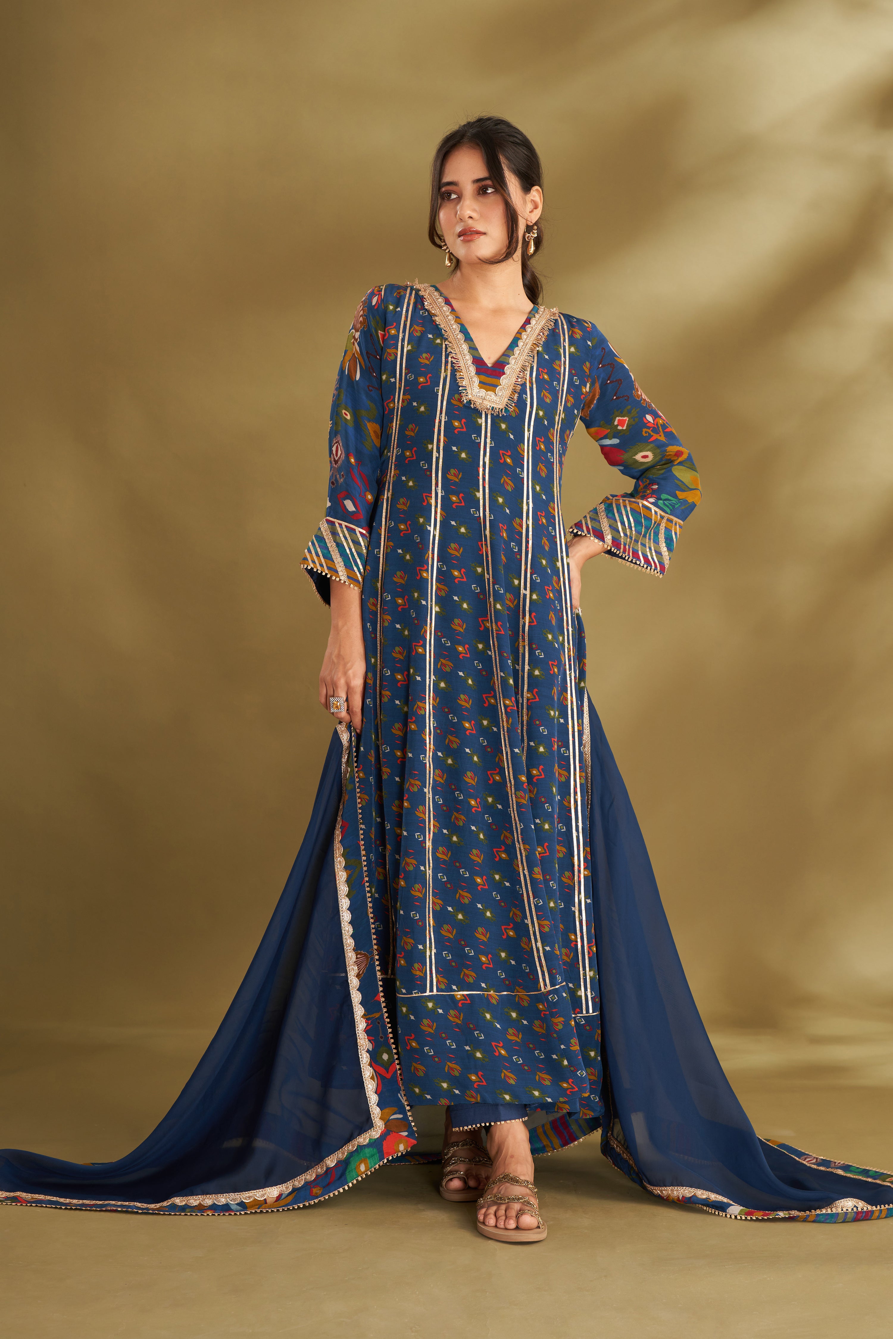 Blue Printed Anarkali Set