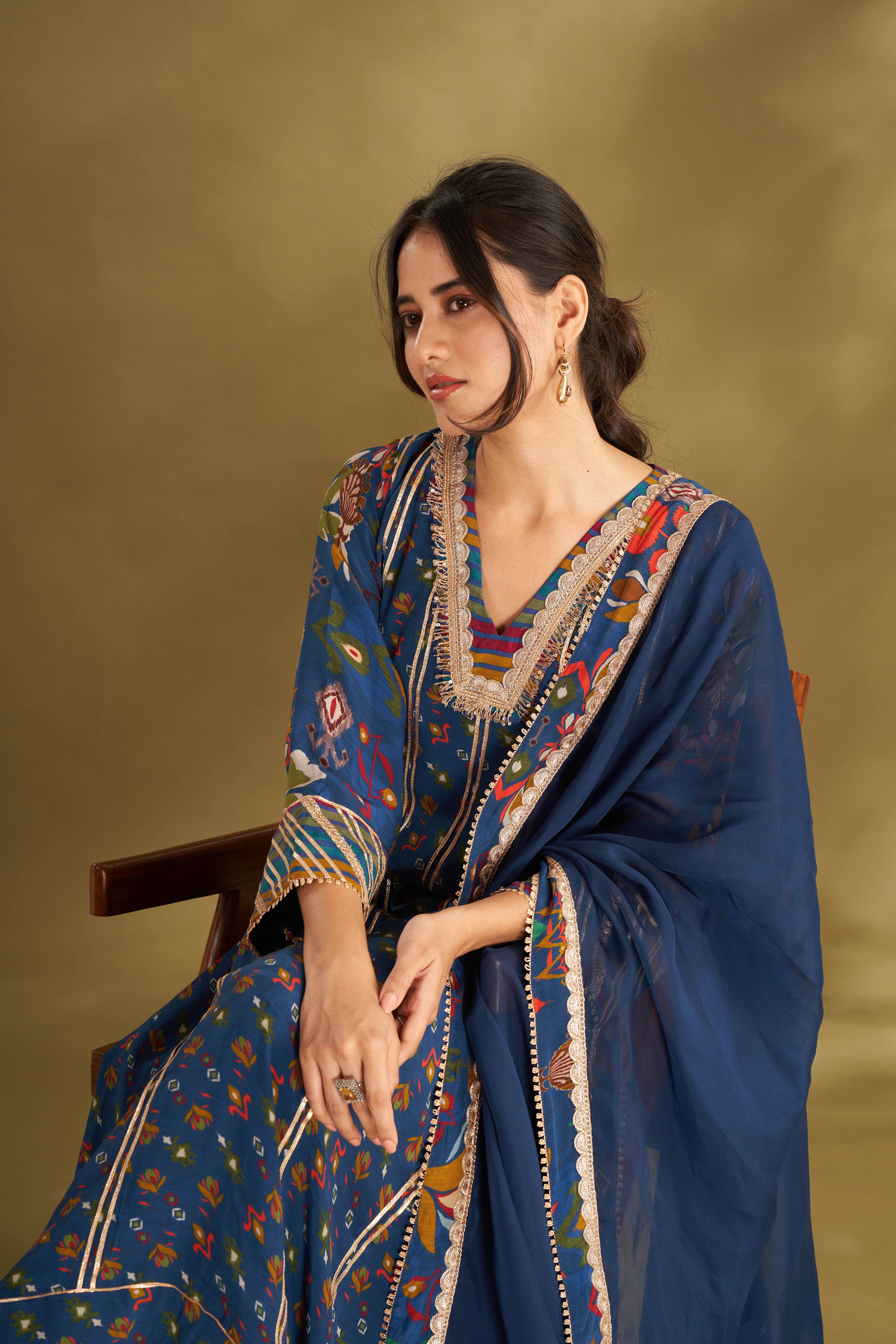 Blue Printed Anarkali Set