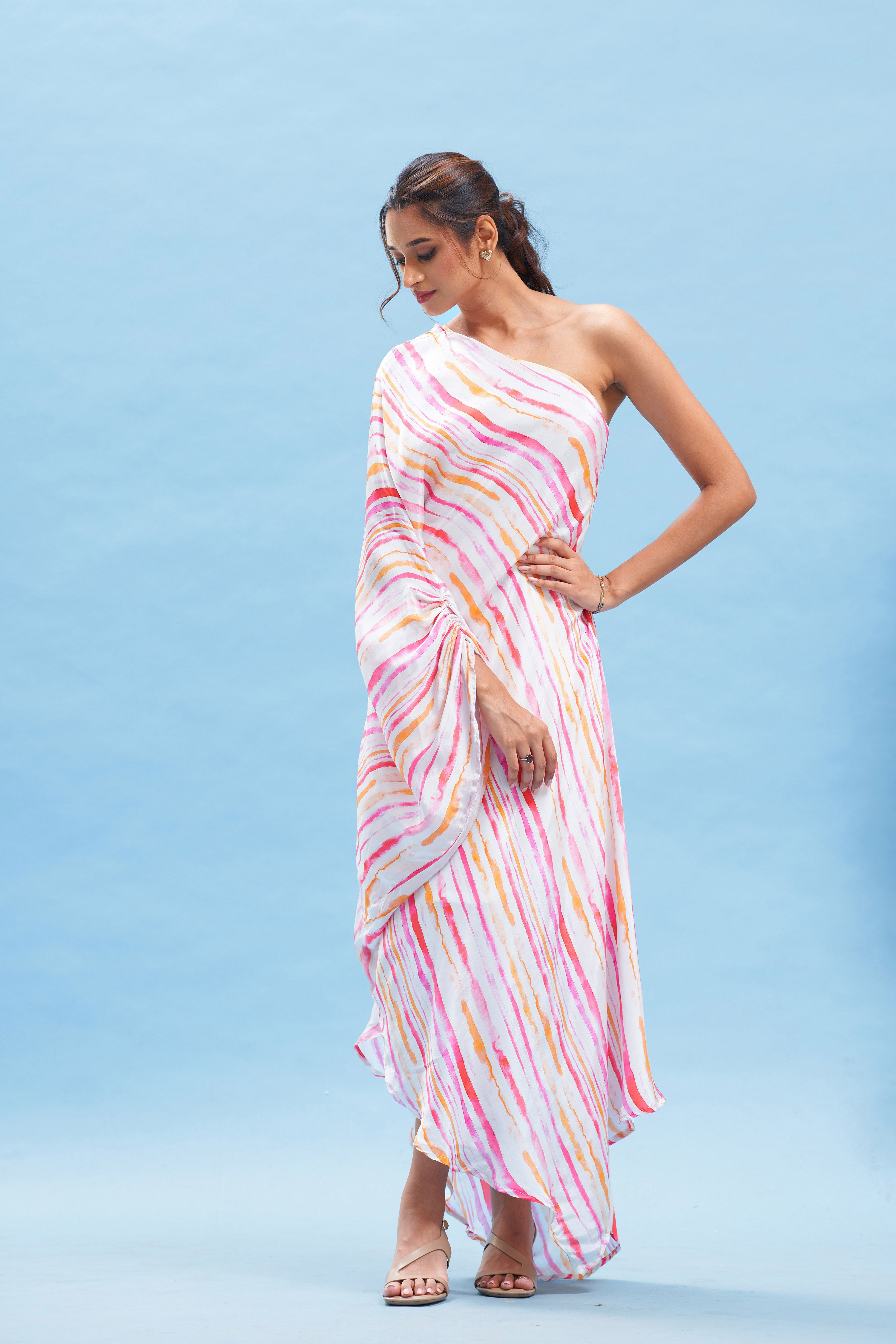 Candy Striped One Shoulder Kaftan Dress