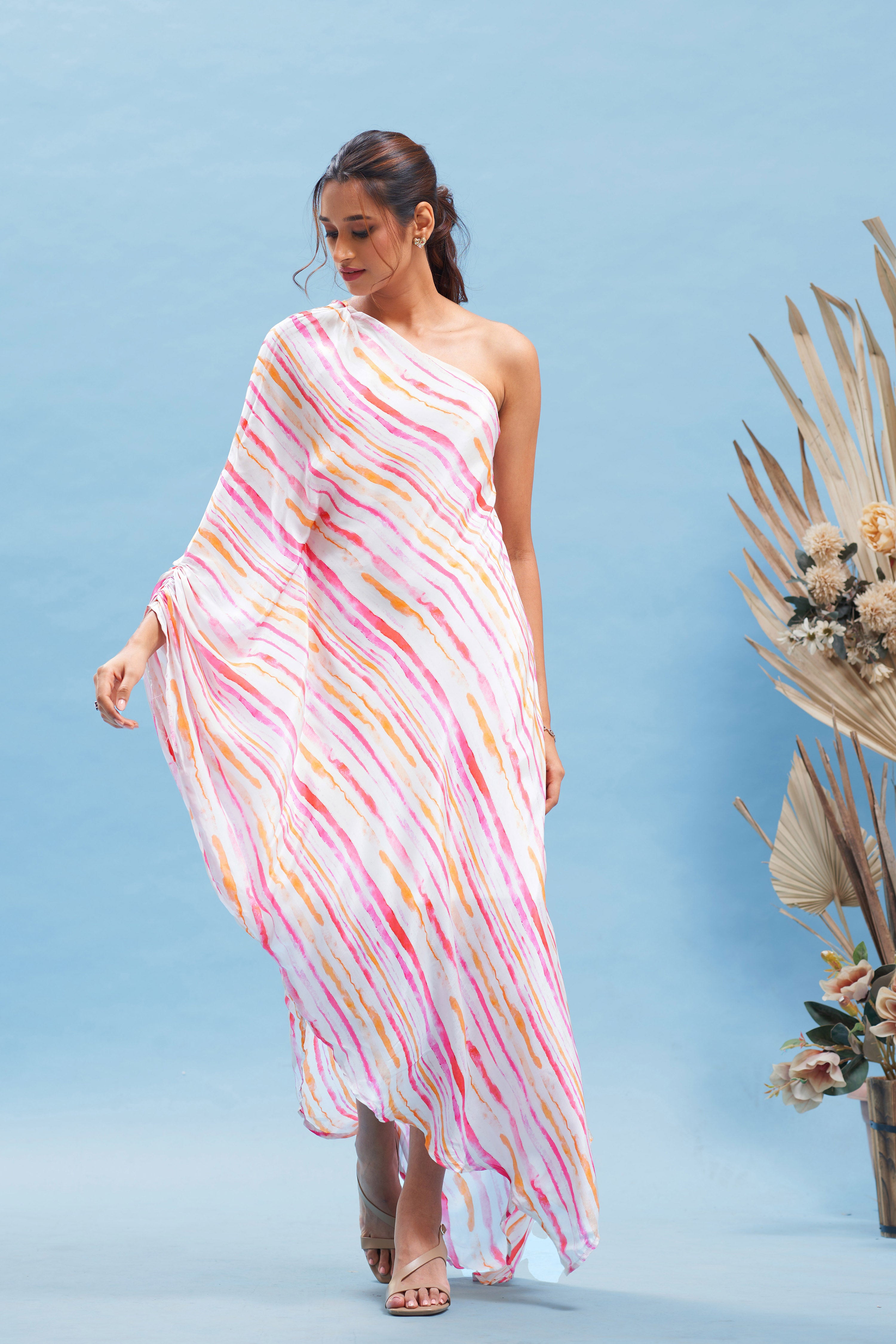 Candy Striped One Shoulder Kaftan Dress