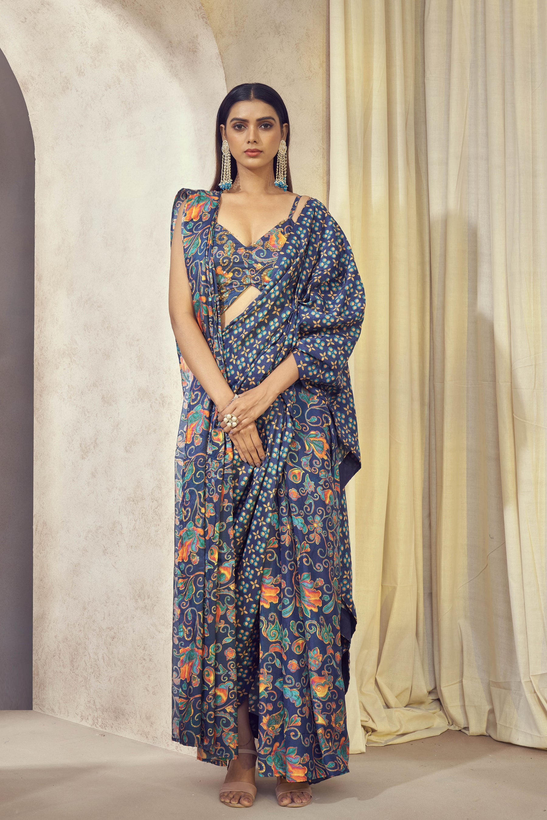 Maaya Pre Drape Double Pallu Saree With Butterfly Top