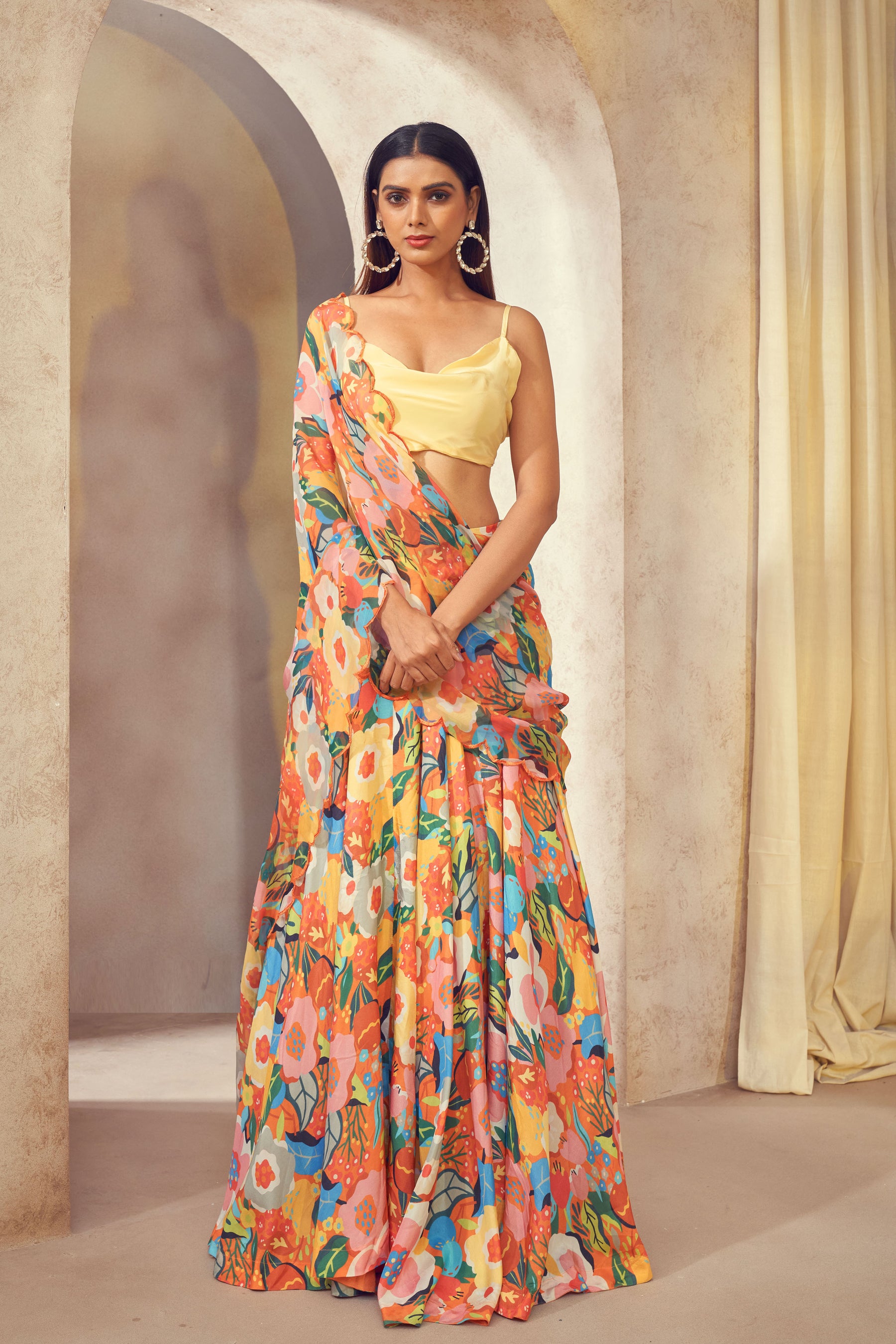 Gul Lehenga Saree with cowl neck top