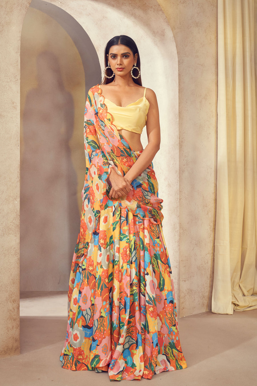 Gul Lehenga Saree with cowl neck top