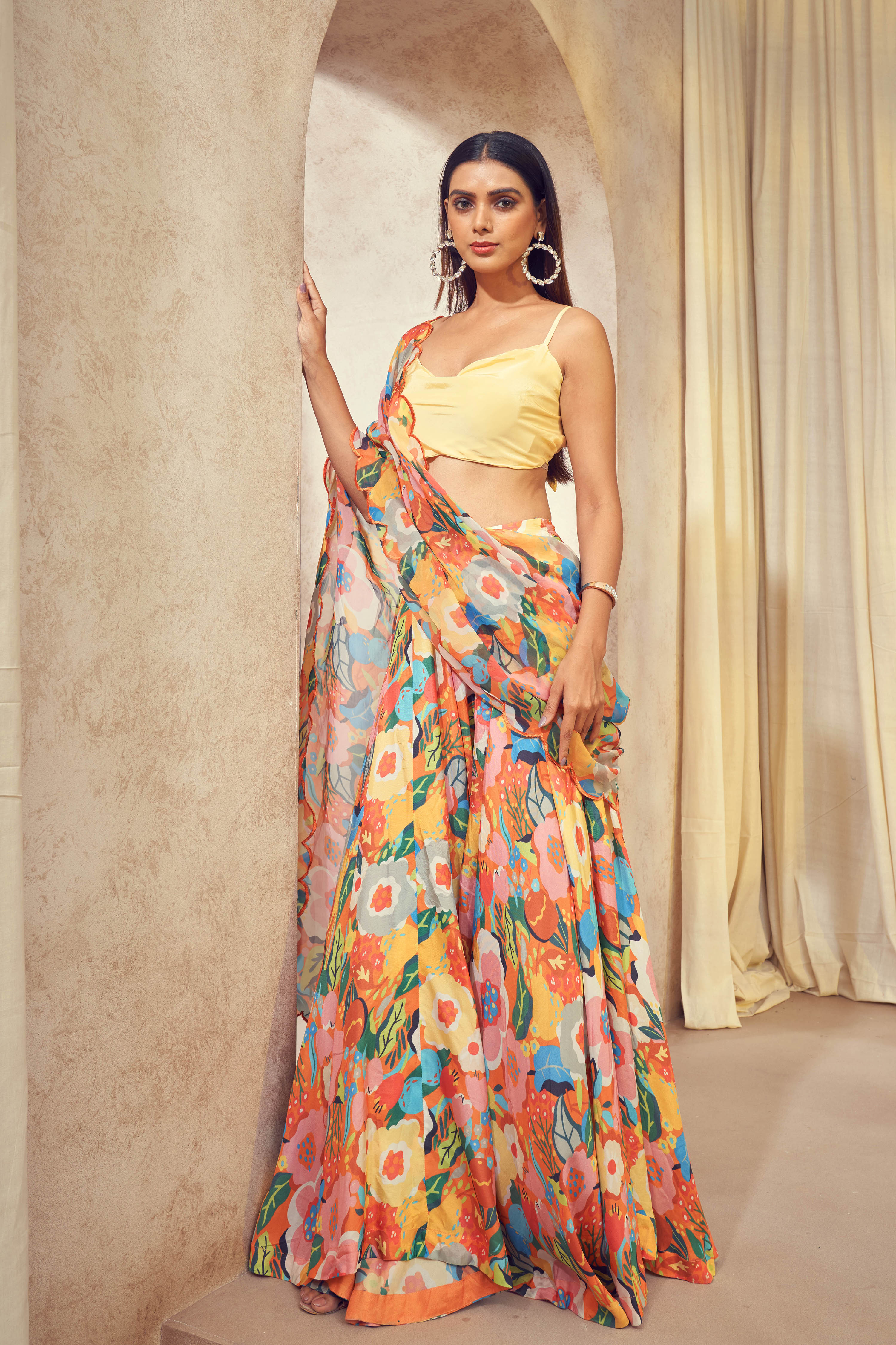 Gul Lehenga Saree with cowl neck top