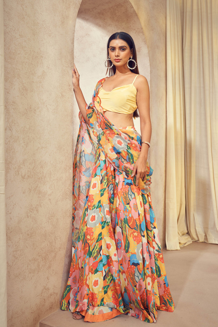 Gul Lehenga Saree with cowl neck top