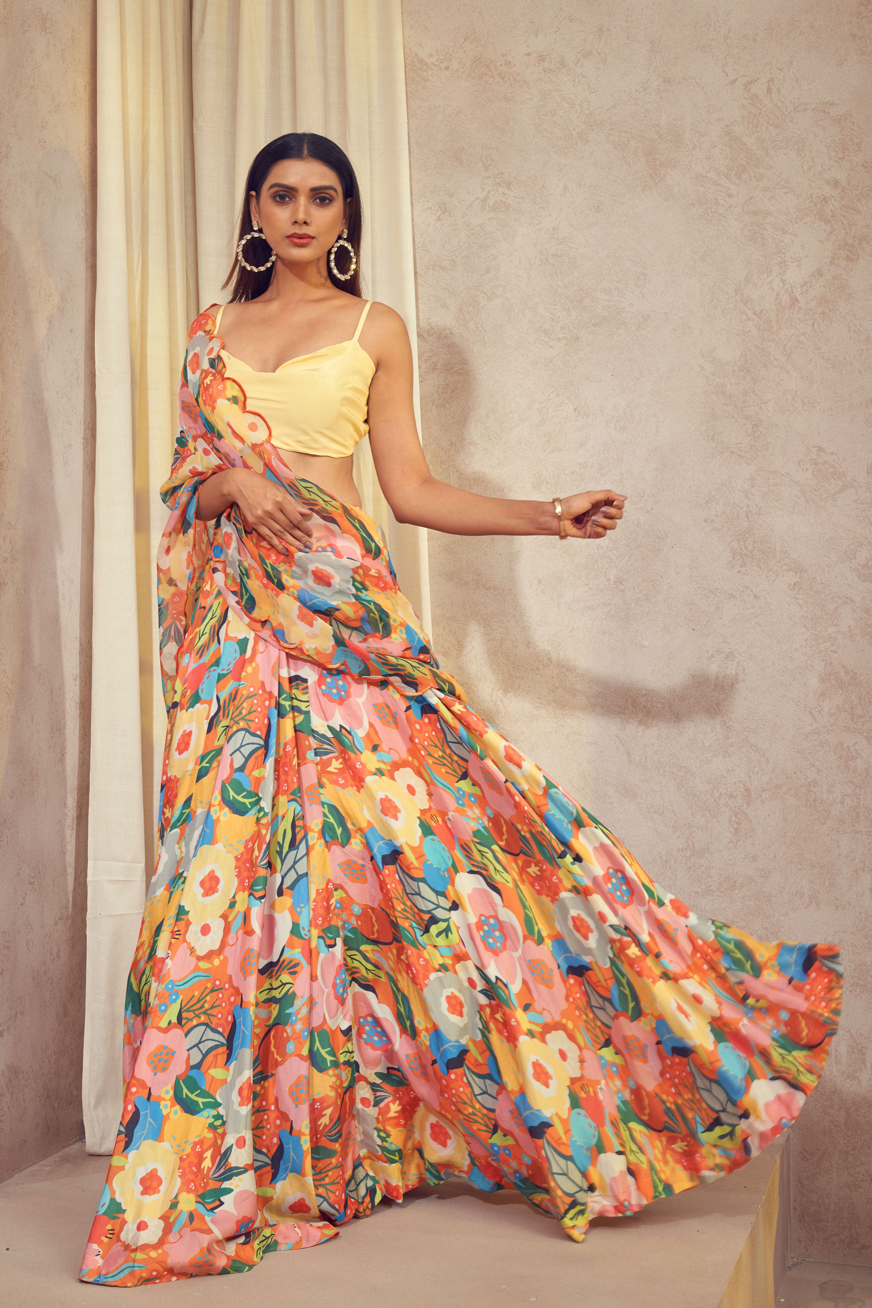 Gul Lehenga Saree with cowl neck top