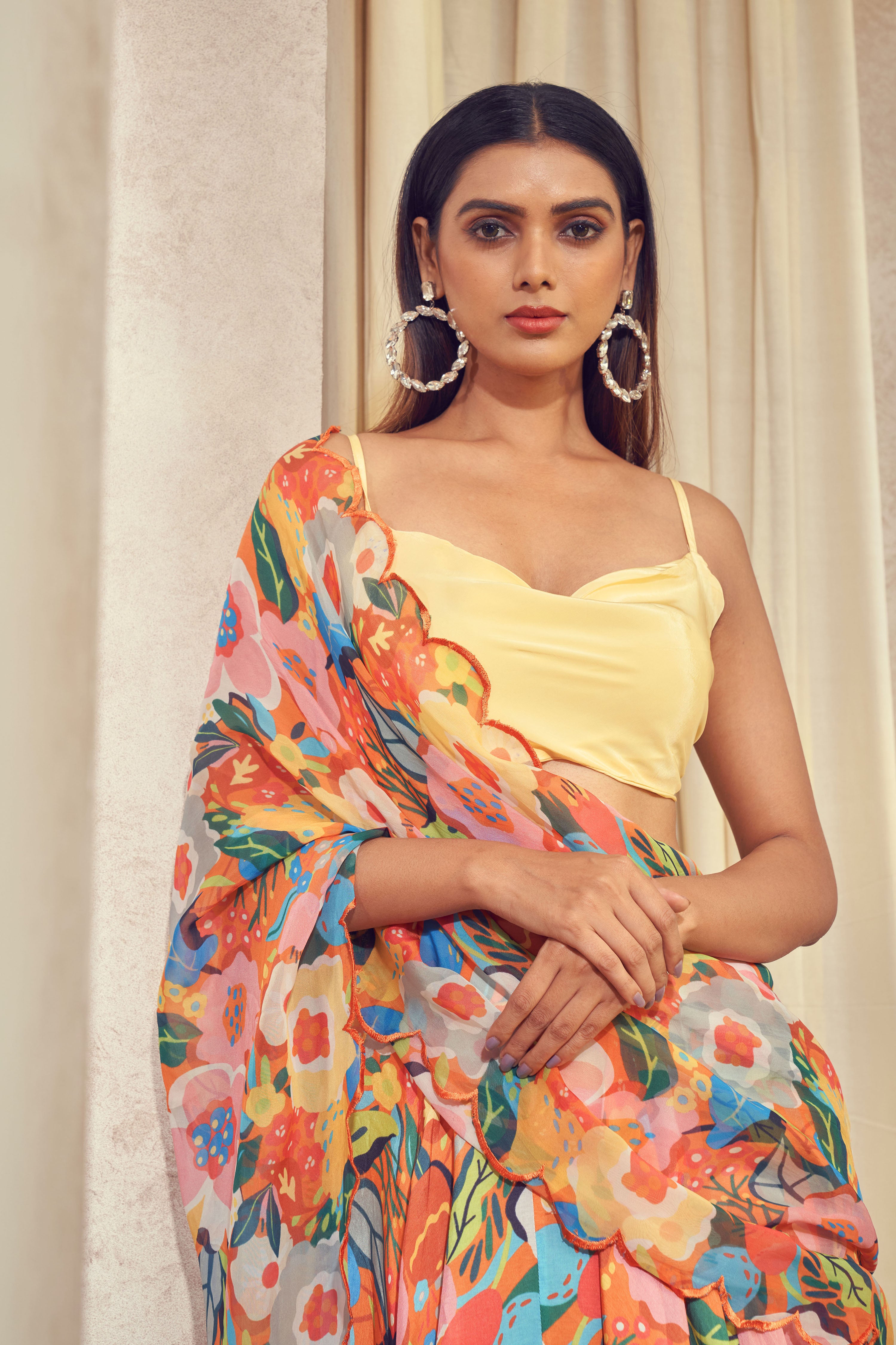 Gul Lehenga Saree with cowl neck top