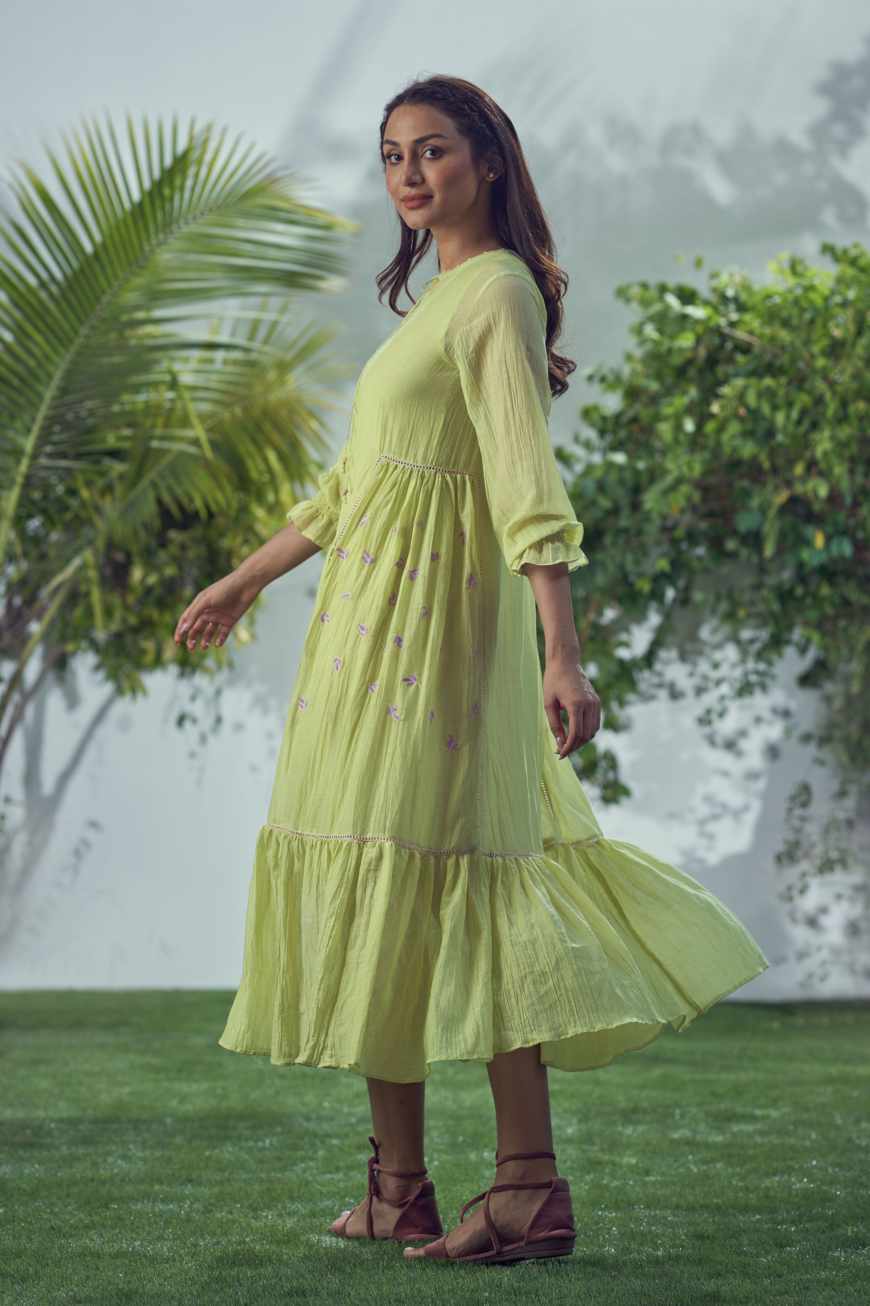 Baarik Lime Green Gathered Dress